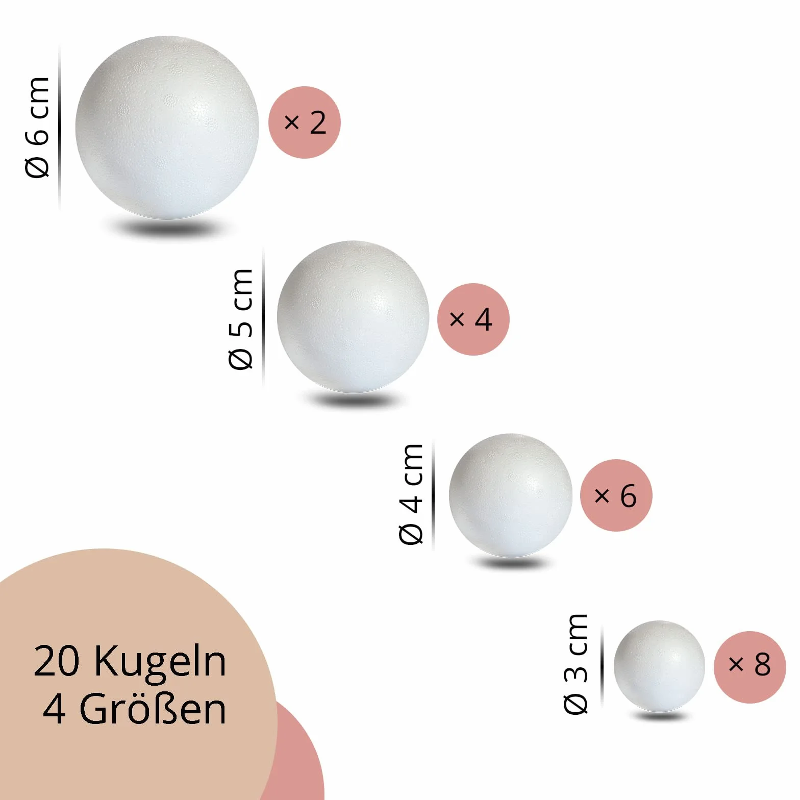 MCE-Commerce kulki styropianowe w mieszanym opakowaniu 20 sztuk, 4 rozmiary: 2 x 6 cm, 4 x 5 cm, 6 x 4 cm i 8 x 3 cm
