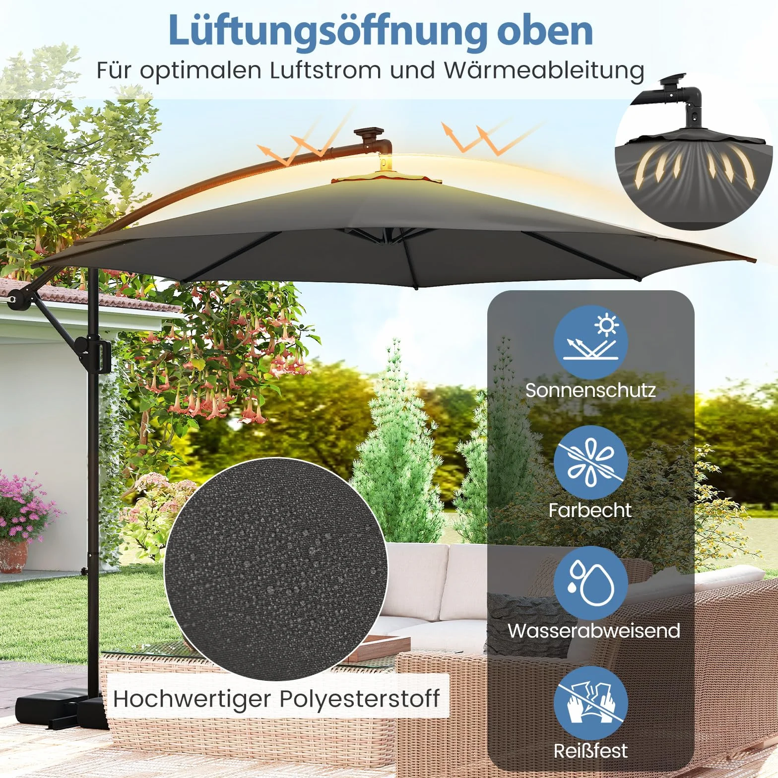 COSTWAY Parasol przeciwsłoneczny z oświetleniem LED 300 cm 9 trybów regulowany kąt nachylenia obracany 360°