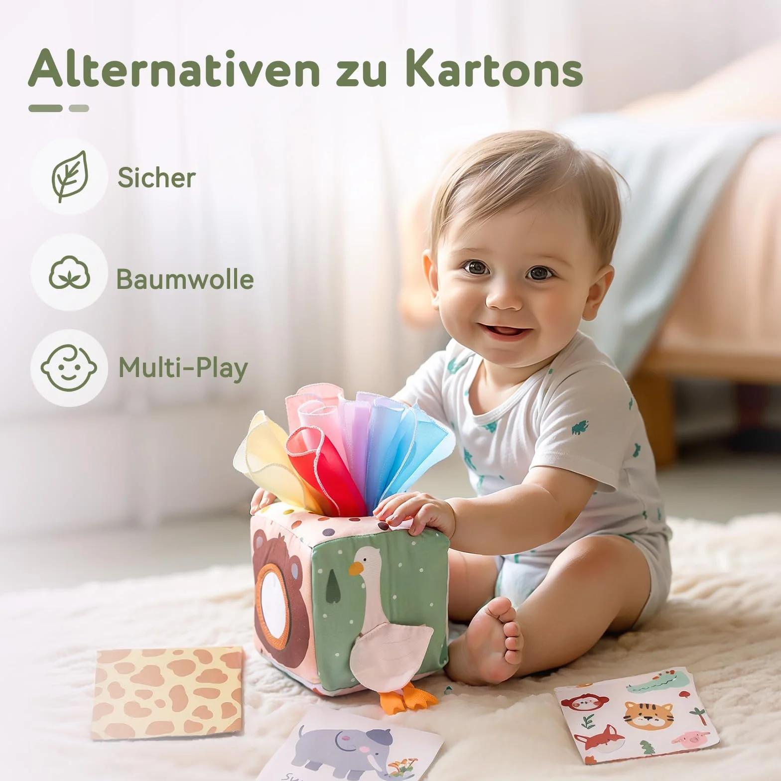 WOODEN TEETHER Tissue Box Montessori zabawka motoryczna, 6-12 miesięcy, zabawka sensoryczna dla niemowląt, z lustrem, kolorami, teksturami, dla dzieci, zabawka edukacyjna dla chłopców i dziewczynek