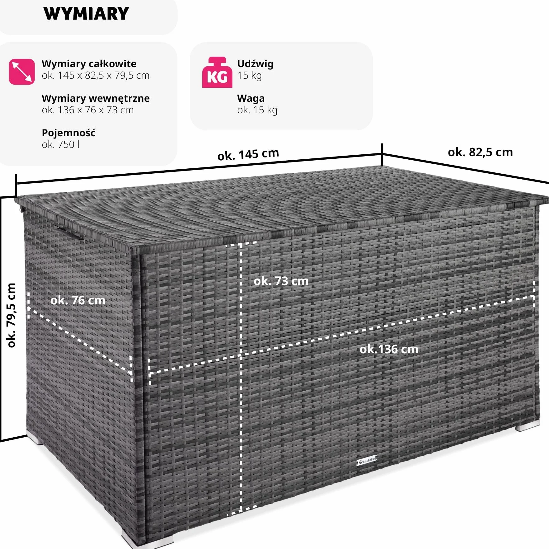 tectake Skrzynia Ogrodowa z Technorattanu 750 litrów 145 x 82,5 x 79,5 cm Szary