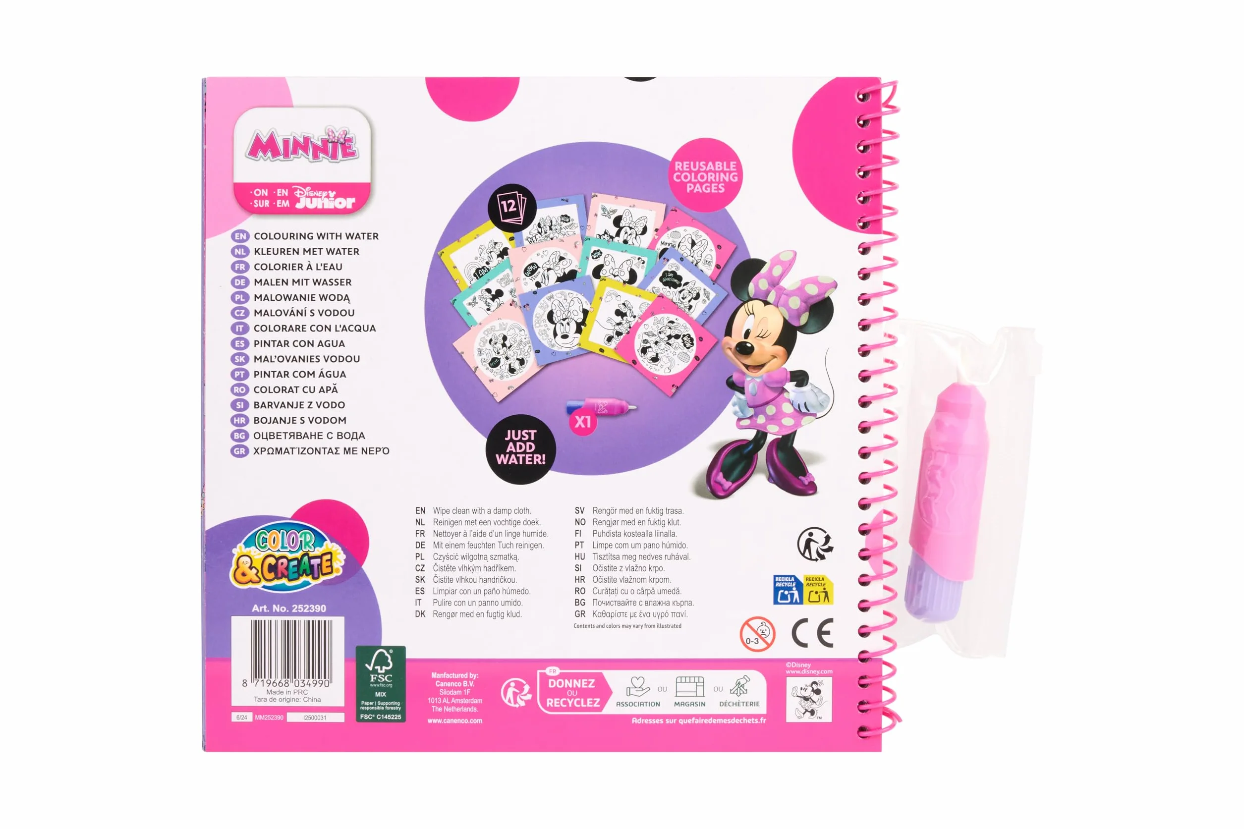 Disney Minnie Mouse kolorowanka z wodą, kolorowanka wodna wielokrotnego użytku dla dzieci od 3 lat, z długopisem wodnym do ponownego napełnienia, 12 stron do pokolorowania, prezent z Myszką Minnie i