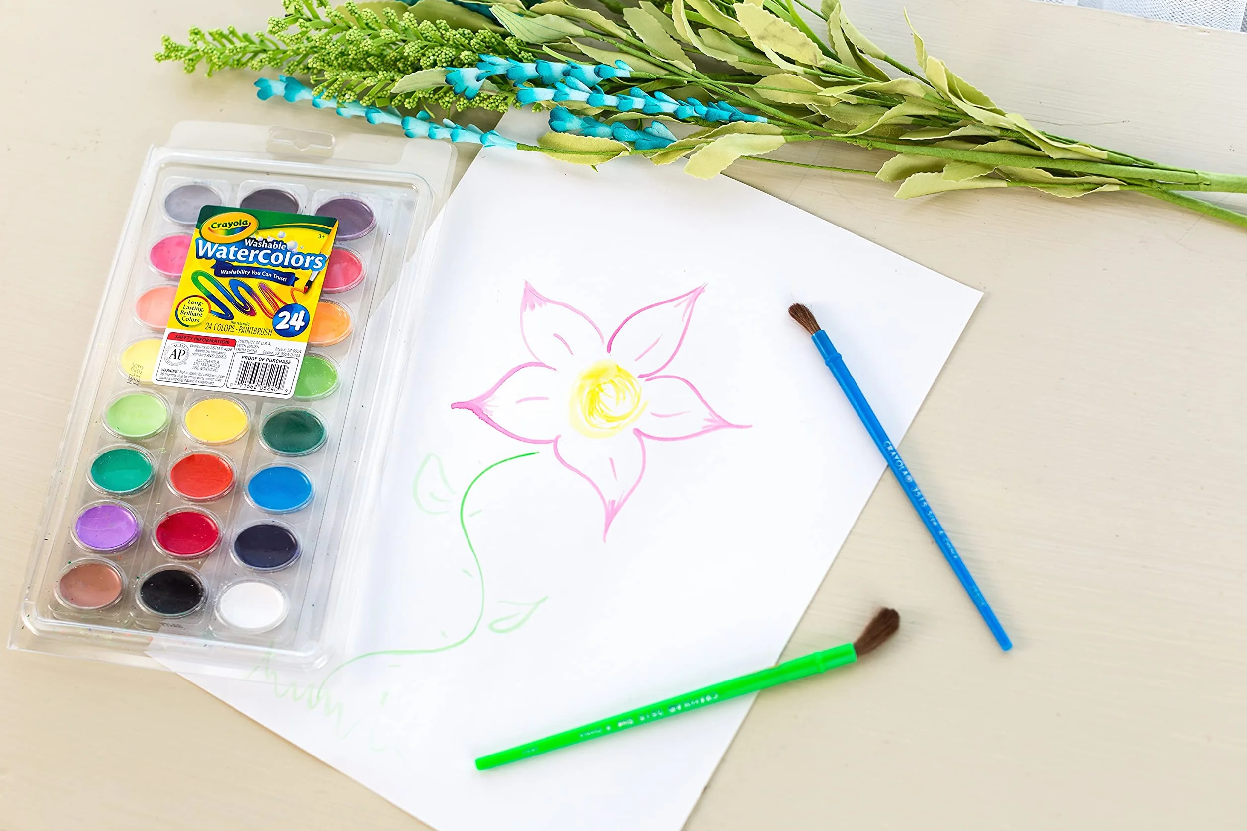CRAYOLA - Zmywalne farby akwarelowe z pędzelkiem dla dzieci, 24 różne odcienie, zestaw do spędzania wolnego czasu, 53-0524