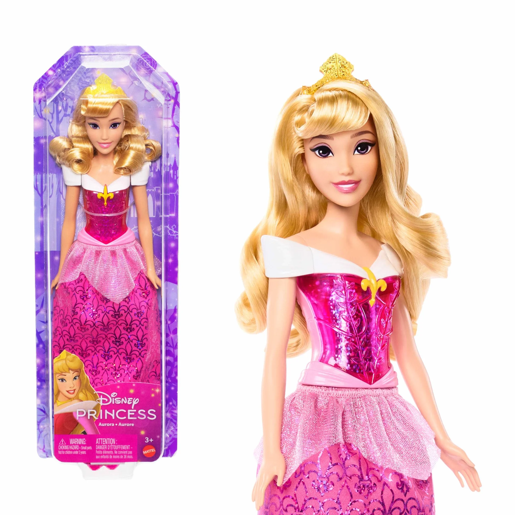 Mattel Księżniczka Disneya Aurora Lalka z punktami zgięcia, błyszczącym ubrankiem i akcesoriami inspirowanymi filmem Disneya, prezent dla dzieci HLW09
