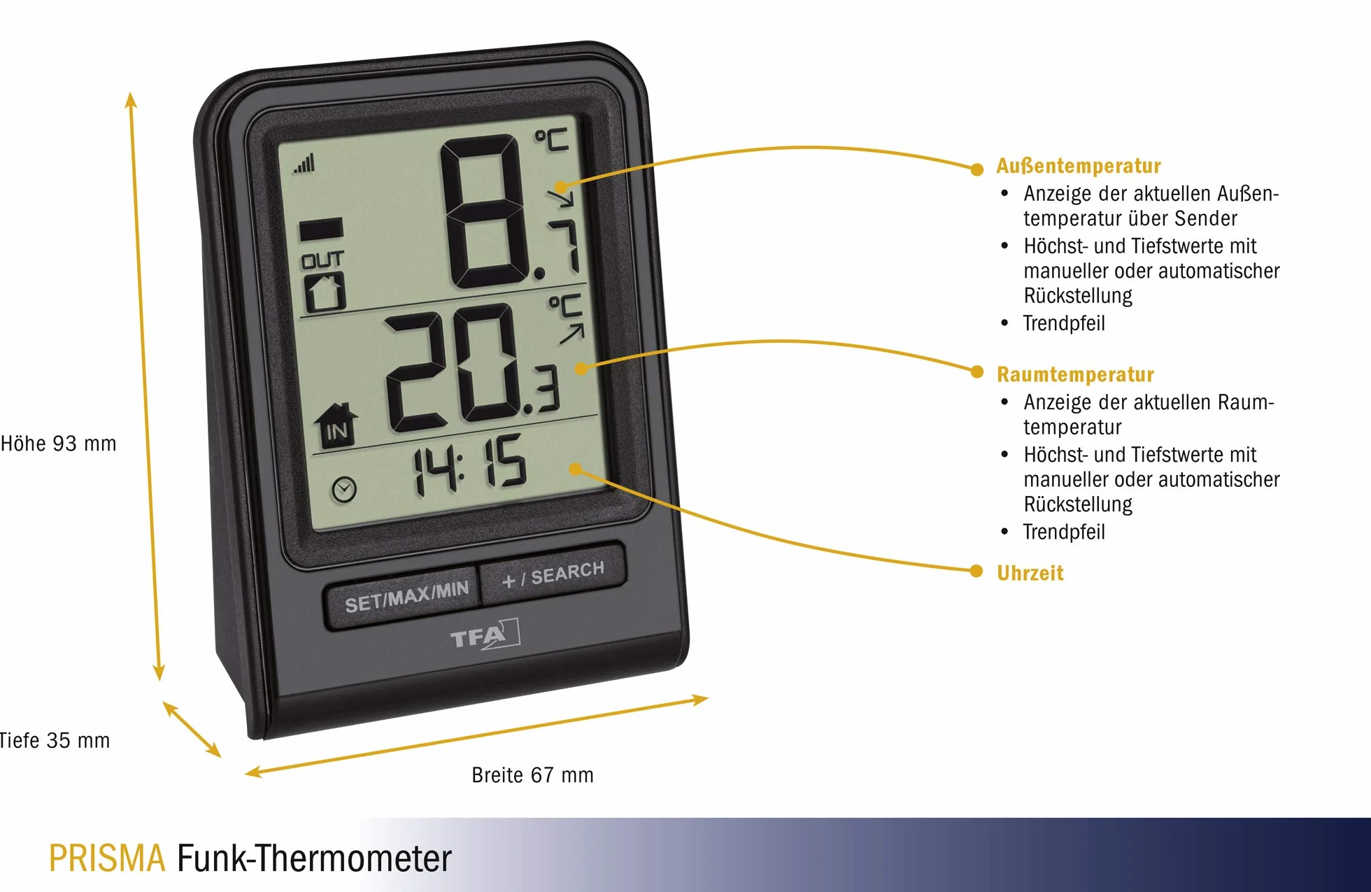 TFA Dostmann Prisma termometr radiowy temperatura zewnętrzna wewnętrzna wartości maksymalne minimalne