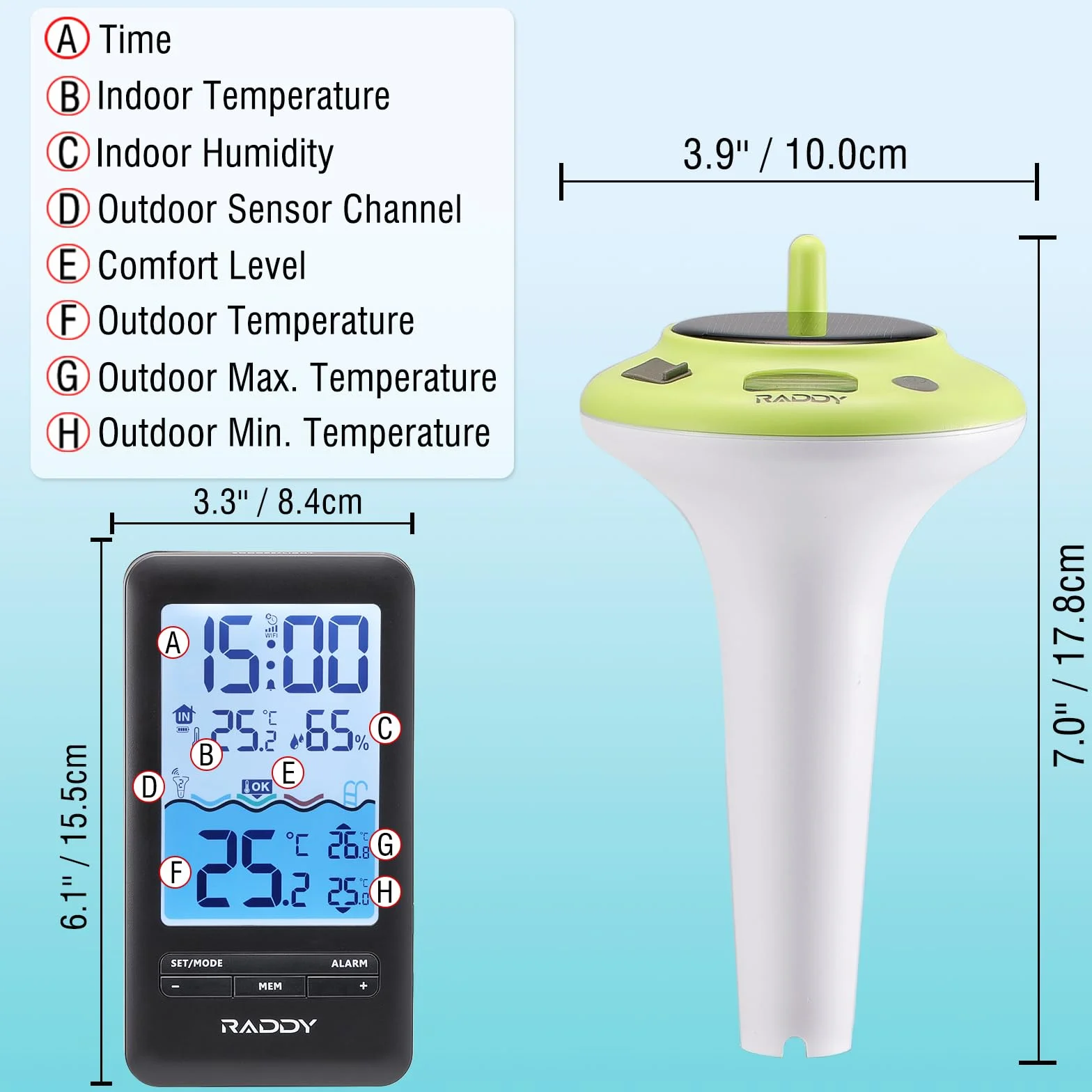 Raddy PT-5 Wi-Fi Termometr basenowy bezprzewodowy IPX8 ładowanie słoneczne USB-C