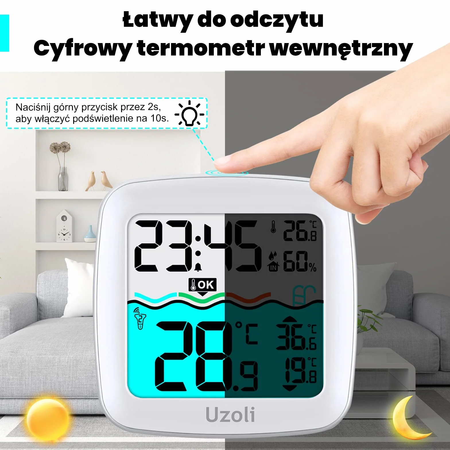 Uzoli EM3385 termometr basenowy z czujnikiem IPX7 LCD temperatura wody wewnętrzna budzik