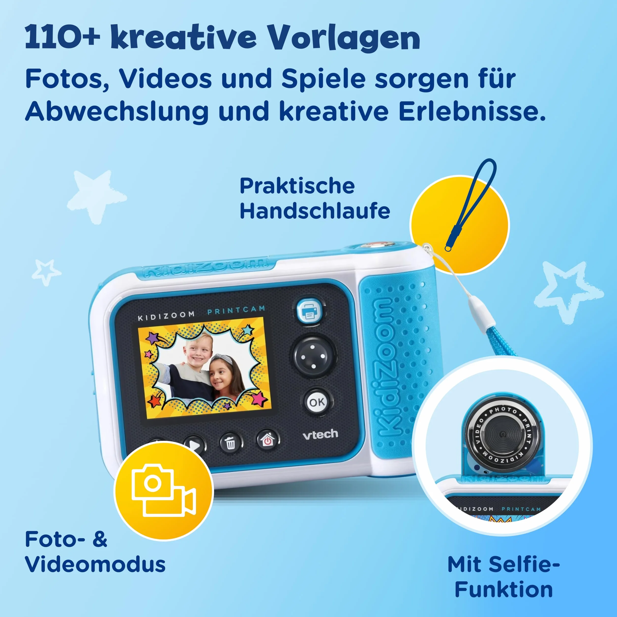 Vtech KidiZoom Print Cam niebieska – aparat dla dzieci z funkcją drukowania, selfie i wideo, efektami, graniem itp. dla dzieci w wieku 4-12 lat