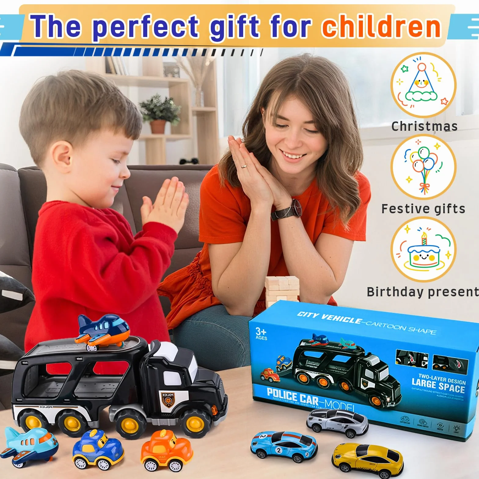 Zestaw Zabawek 8w1 Auto Ciężarówka Transporter z Światłem i Muzyką dla Chłopców i Dziewczynek 1 2 3 4 5 lat, Idealna Toy Gift na Urodziny, Dzień Dziecka, Święta