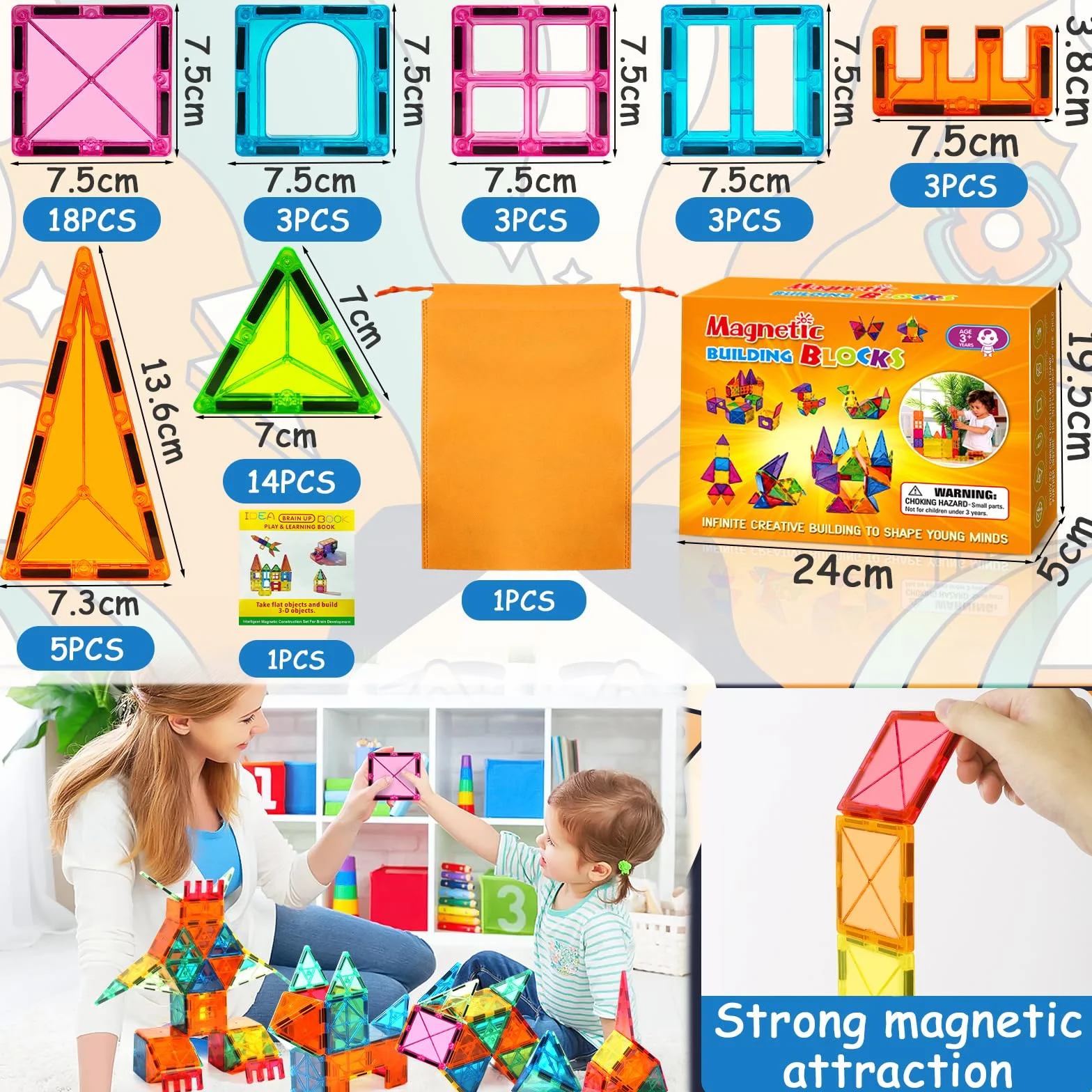 Zestaw 50 Magnetycznych Klocków, Edukacyjna Zabawka dla Dzieci w Wieku od 3 do 8 Lat, Silna Siła Magnetyczna, W Zestawie Torba i Instrukcja, Prezent dla Chłopców i Dziewczynek