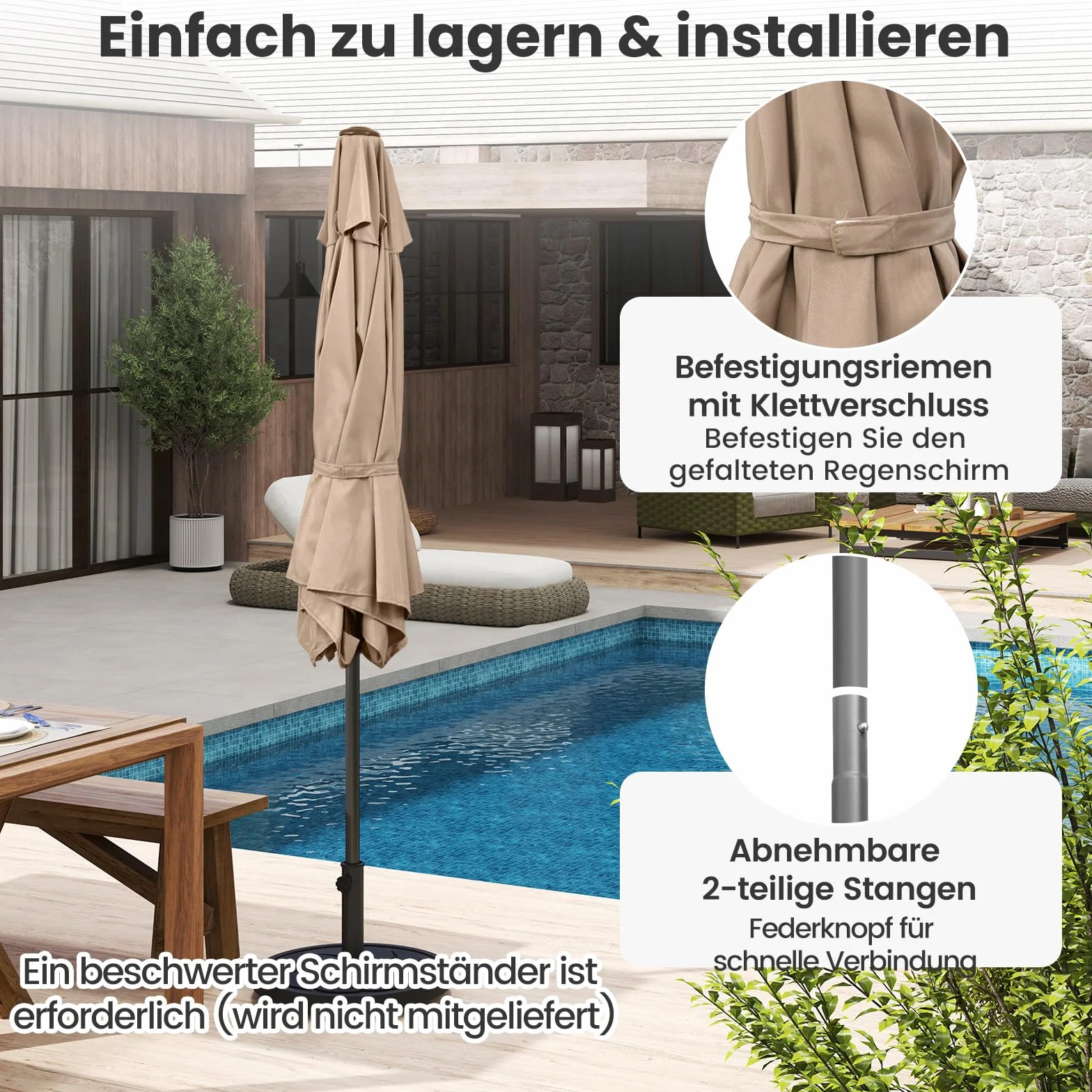 COSTWAY Parasol przeciwsłoneczny 265 cm z korbą obustronnie zginany 30° parasol tarasowy 18 żeber z włókna szklanego aluminiowy drążek