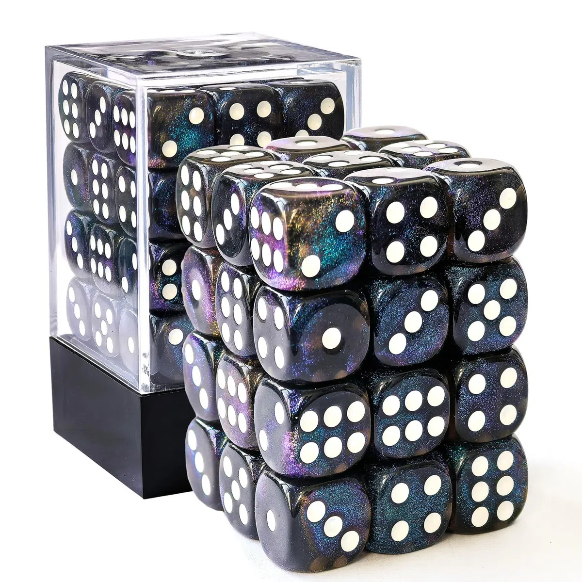 Bescon Moonstone Zestaw 36 kości z 6 twarzami, kamień księżycowy, 91,4 cm, czarne, półprzezroczyste kostki D6, z niebieskimi cekinami, 36 szt., 36 szt