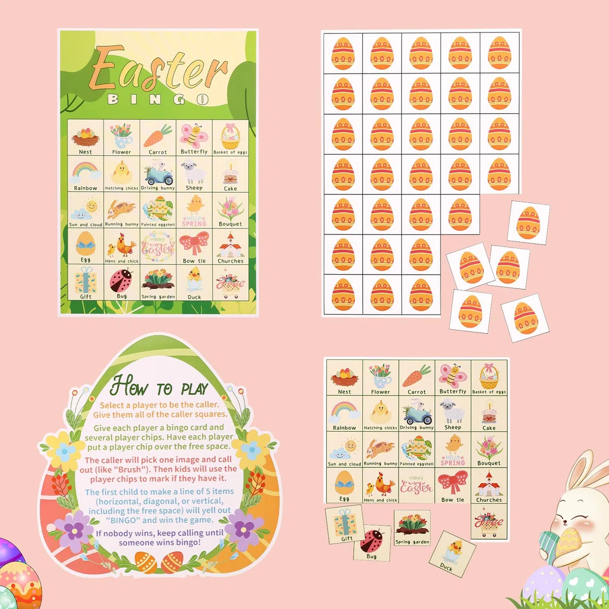Zestaw Gry Bingo Wielkanocne 24 Graczy, 24szt Karty Gry Bingo Wielkanocne z Kartą Wezwaniem Jajkiem Wielkanocnym Oraz Instrukcją Obsługi Zajęcia Całej Zabawne Imprezę Dzieci Dorosłych