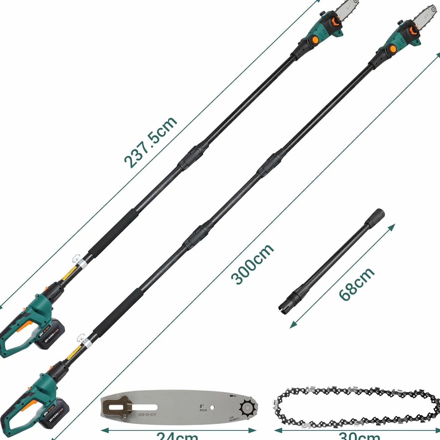 TLGREEN Sekator Akumulatorowy 20V 4,0Ah Litowo-Jonowy, 24 cm Ostrze, 5 m/s Łańcuch, Ładowarka
