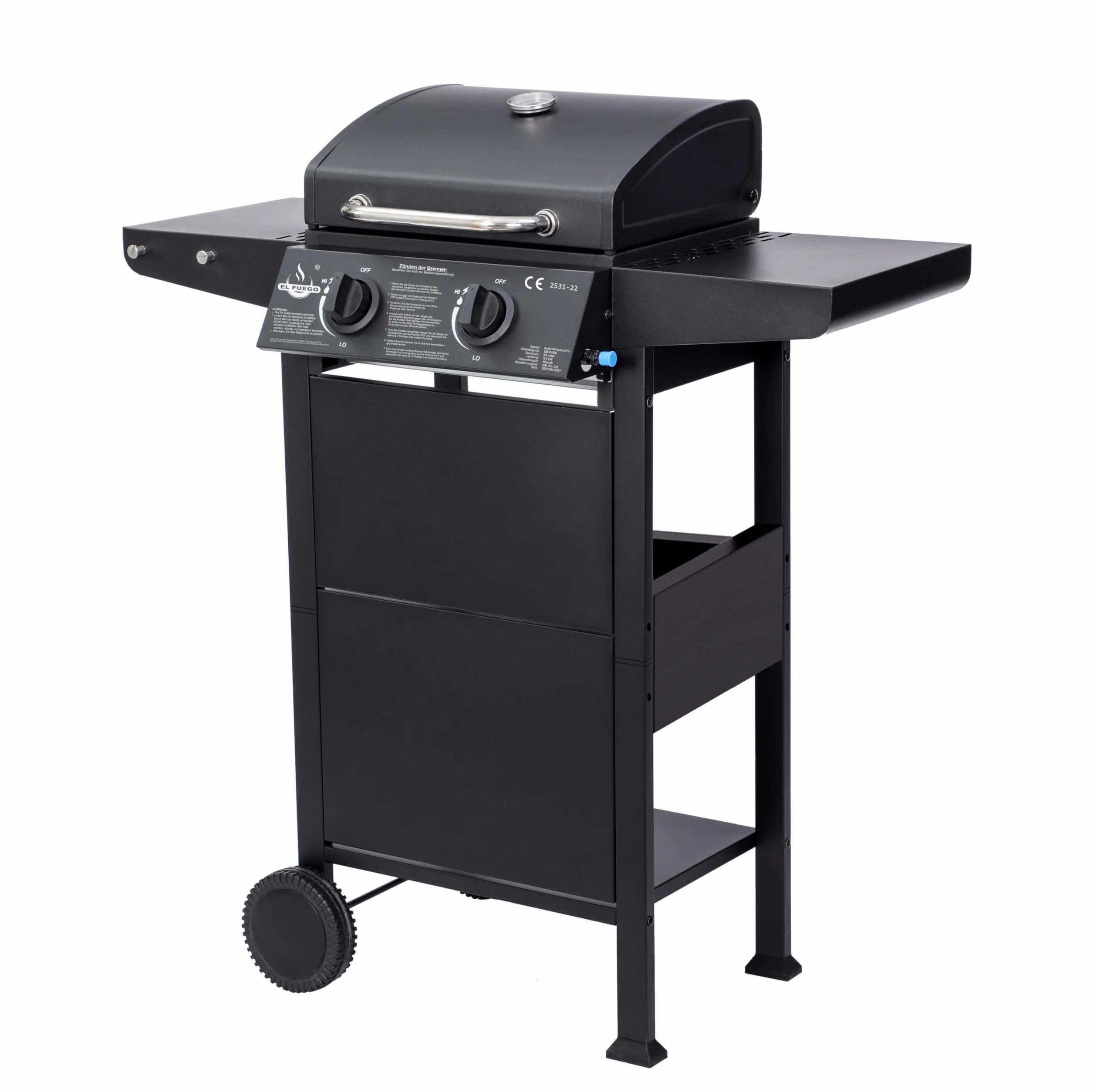 El Fuego® Grill Gazowy San Jose 2 Palniki BBQ z Żeliwnym Rusztem, Termometrem i Półkami Bocznymi
