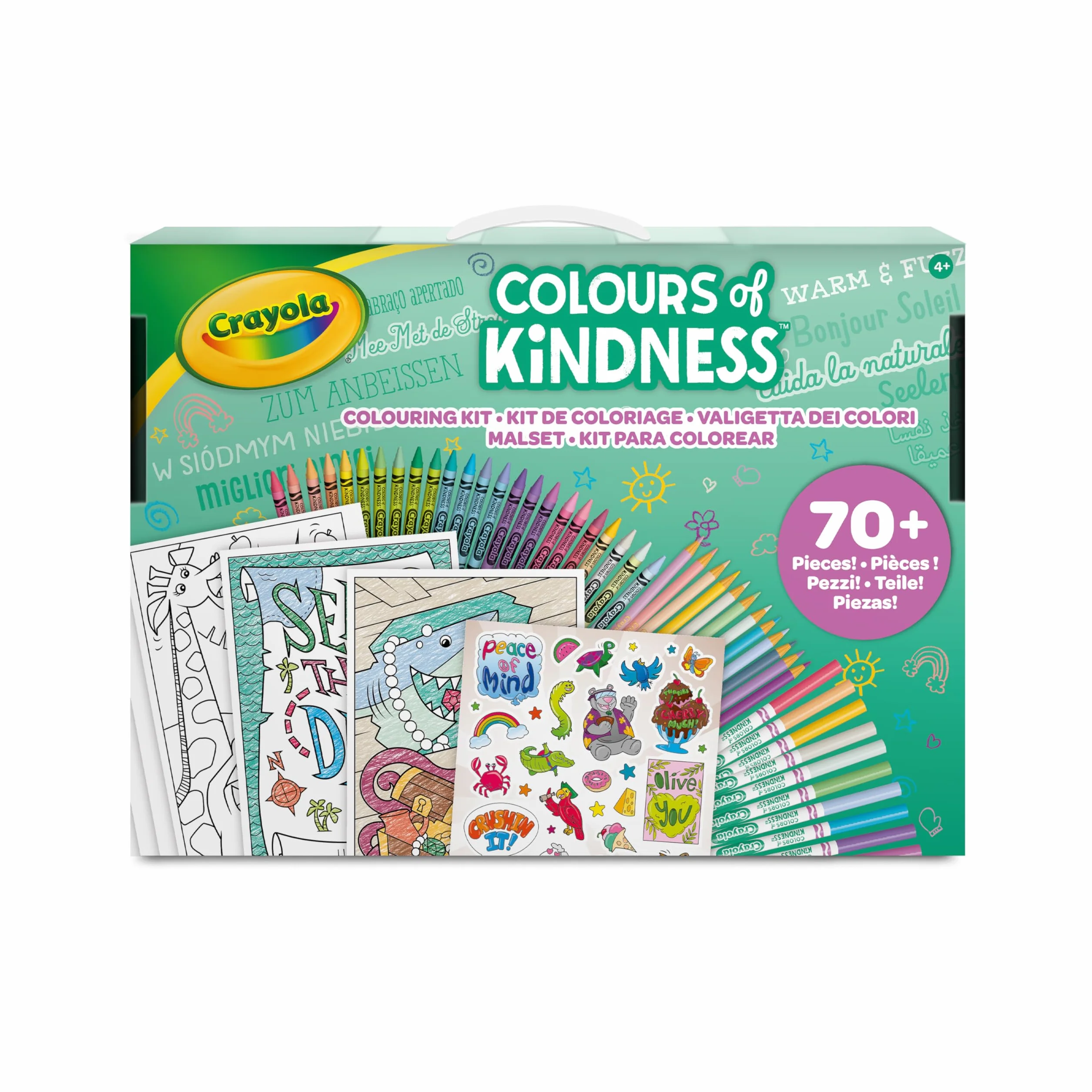 Crayola - Colours of Kindess, walizka, 70 sztuk +, markery, kredki woskowe, ołówki, arkusze kolorowanki, naklejki, kreatywny prezent dla dzieci i dziewcząt, od 4 lat, 04-2941
