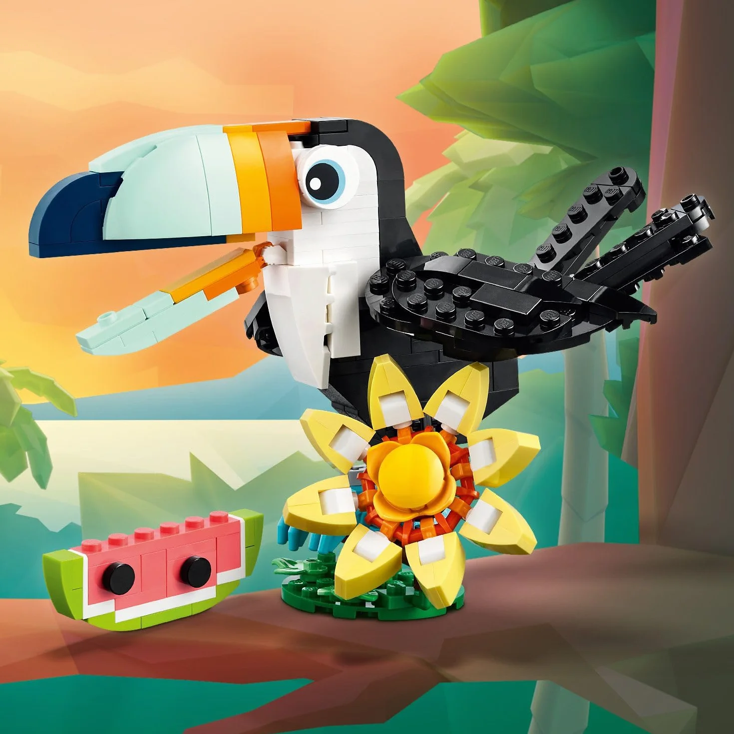 LEGO Creator 3 w 1 Dzikie zwierzęta: Tropikalny tukan, figurka do przebudowania na motyla lub rybę, zabawka dla dziecka, ozdoba do pokoju dziecięcego, prezent dla 7-latki, dziewczynki i chłopca 31173