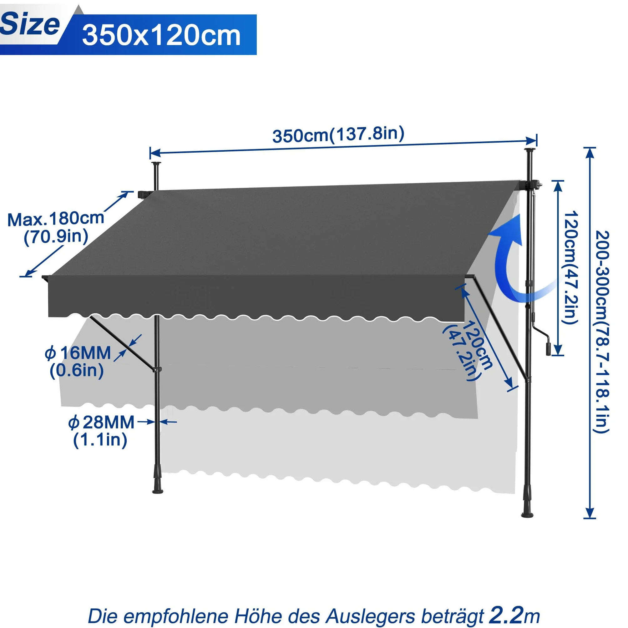 Markiza zaciskowa z korbą 350 cm – balkonowa regulowana UV ochrona przed słońcem