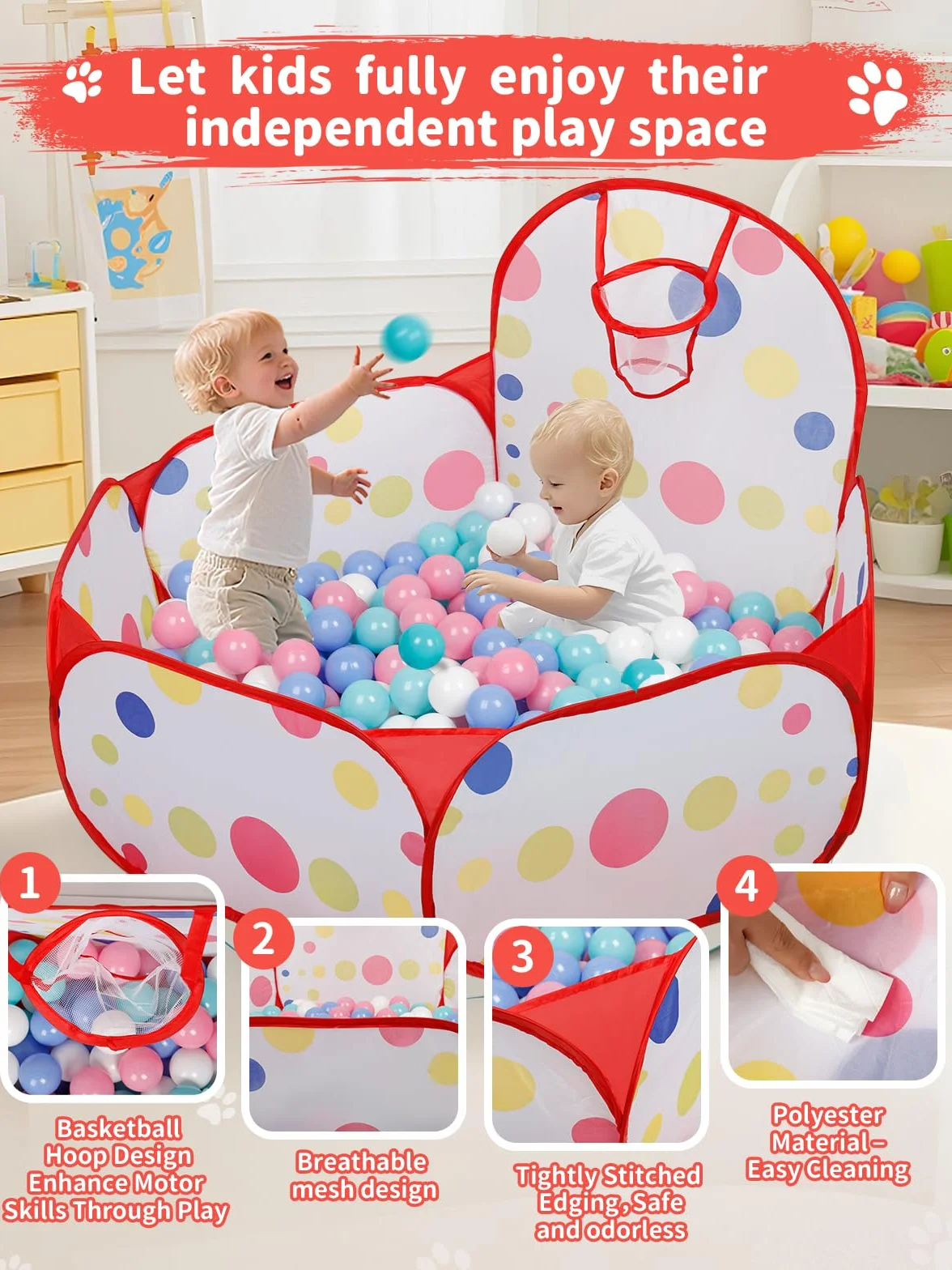 Piłeczka dla dzieci z obręczą do koszykówki, składany, wyskakujący basen z piłeczkami dla dziewczynek, chłopców, mały basen z piłeczkami 120 cm, nie wchodzi w zakres dostawy, czerwona kropka