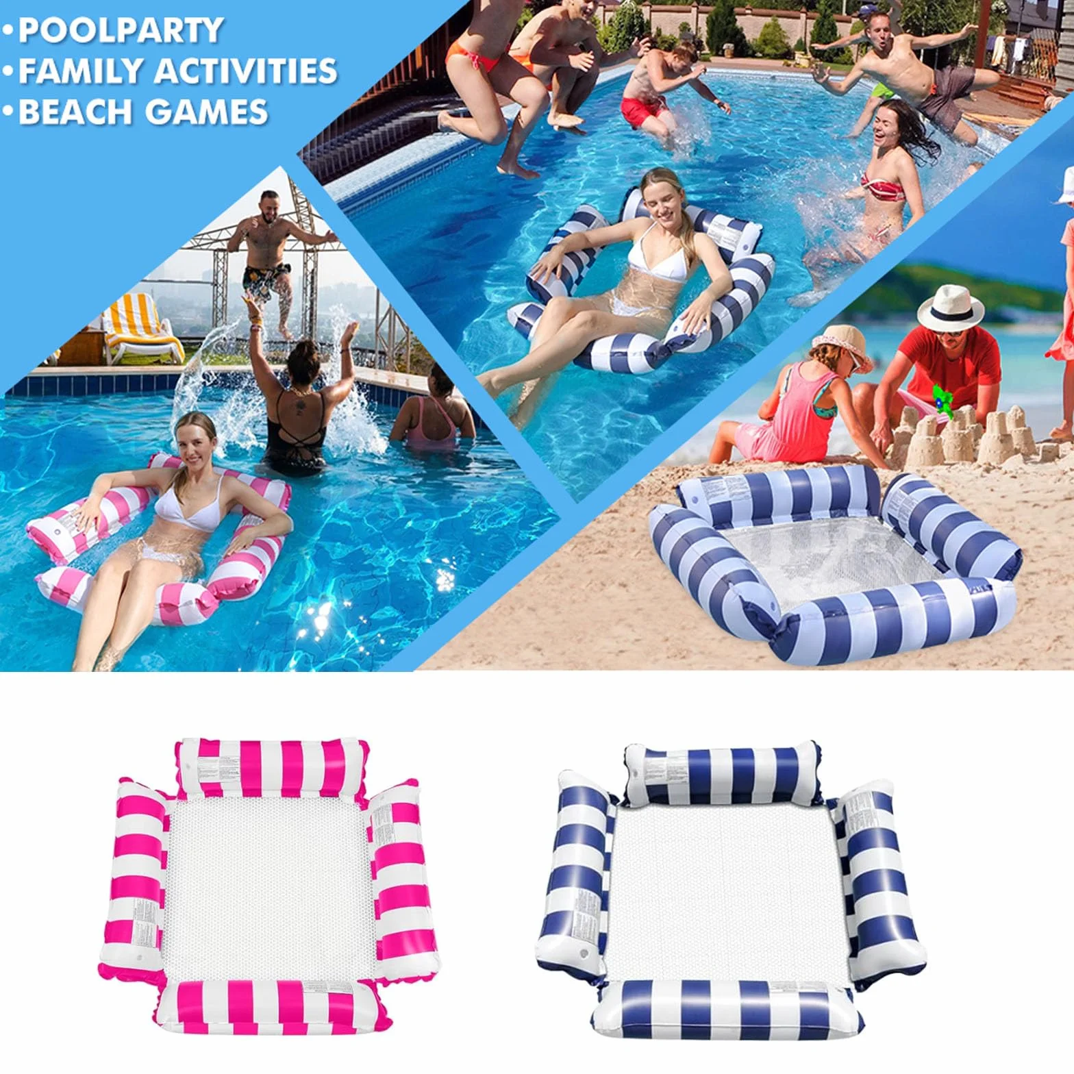 Hamak wodny z siatką – wersja z grubego PCW, udźwig 100 kg, hamak 4 w 1, do basenu i na basen, w zestawie pompka ręczna (123 x 120 cm, różowy)