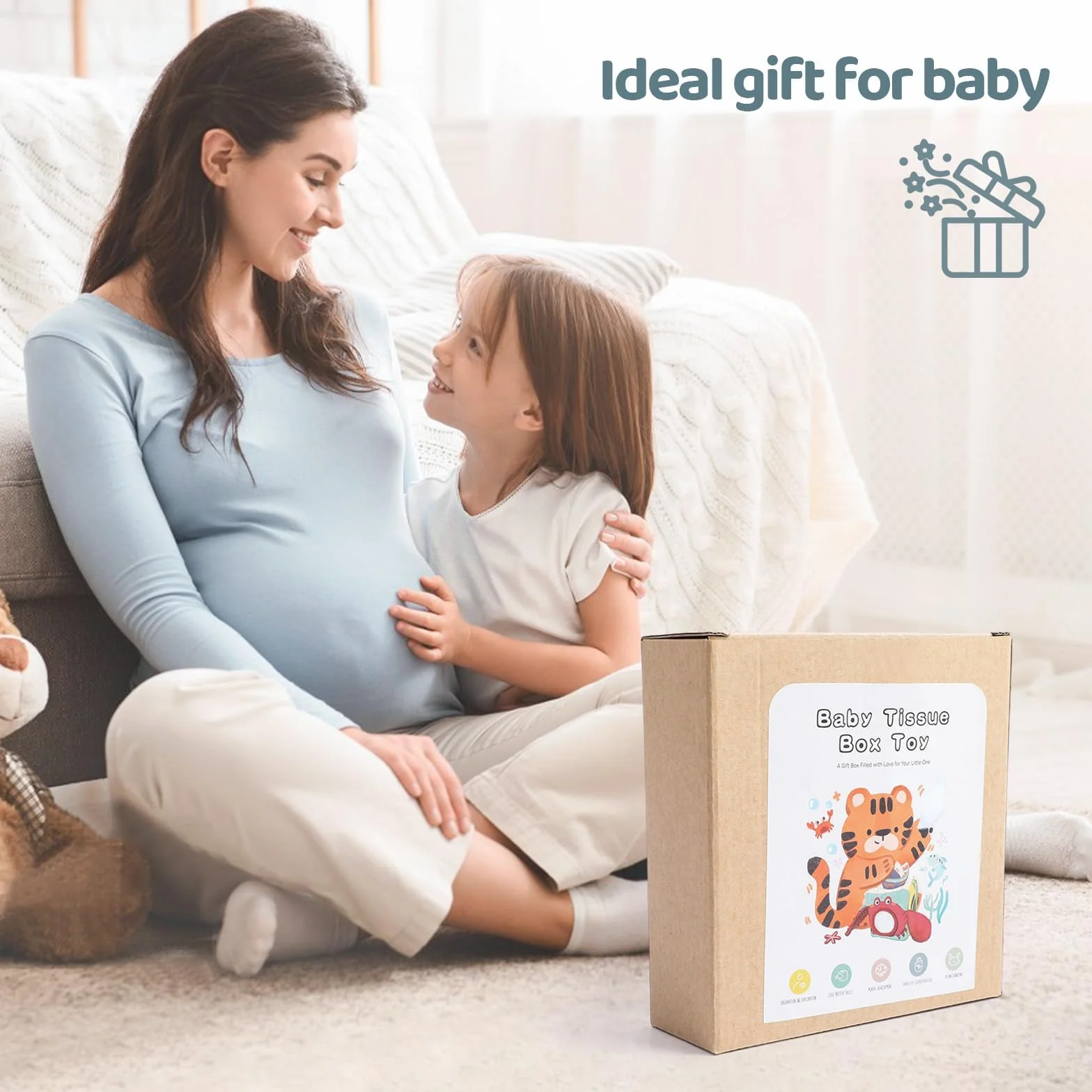 WOODEN TEETHER Zabawka pudełko chusteczek dla dzieci 6-12 miesięcy Montessori zabawka sensoryczna, wspiera sensorykę i motorykę, z lustrami, kolorami, teksturami, dźwiękami, zabawka edukacyjna dla