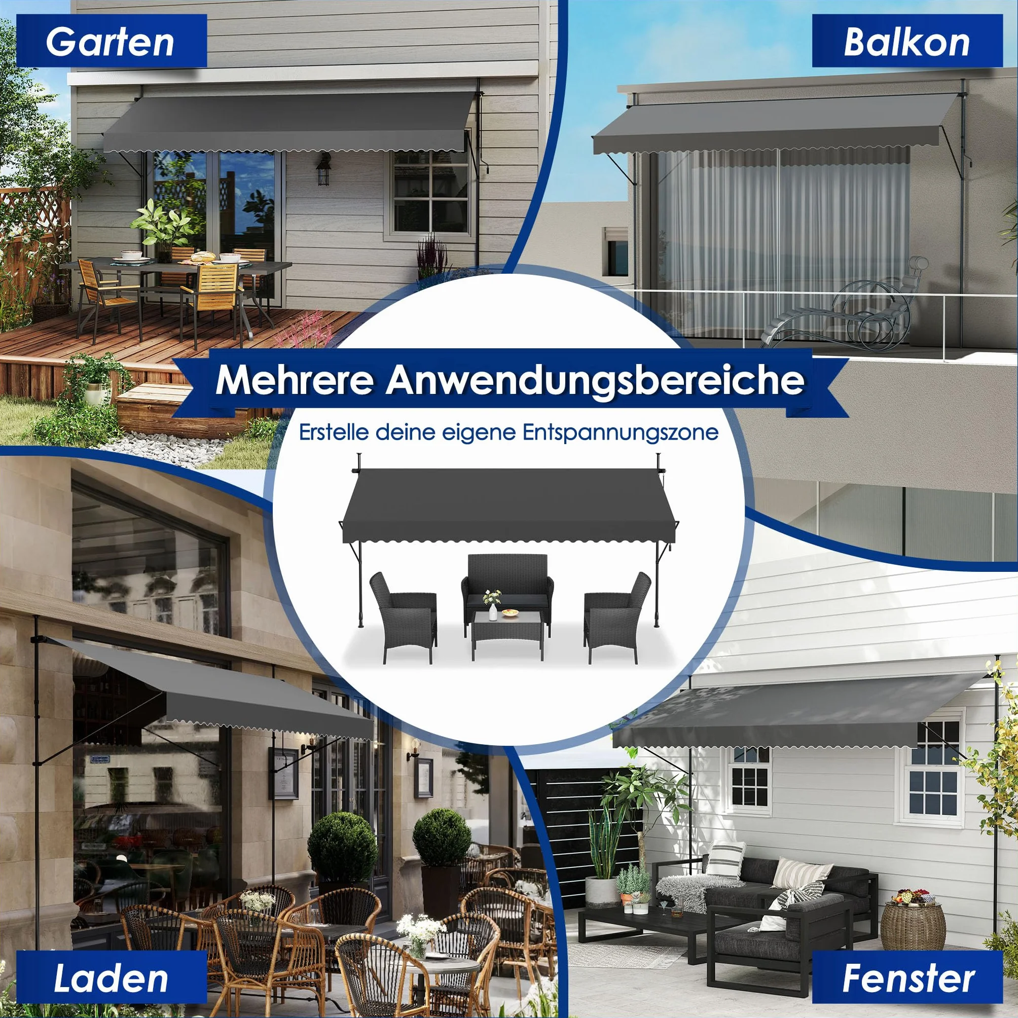 Markiza zaciskowa z korbą 350 cm – balkonowa regulowana UV ochrona przed słońcem