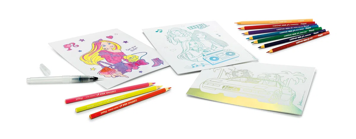 Maped Creativ - Aqua'Art Barbie - Aktywność akwarelowa dla dzieci - Farbowanie ołówkami akwarelowymi + pędzelek do wody na metalicznych wspornikach - 3 plakaty do kolorowania - od 7 lat