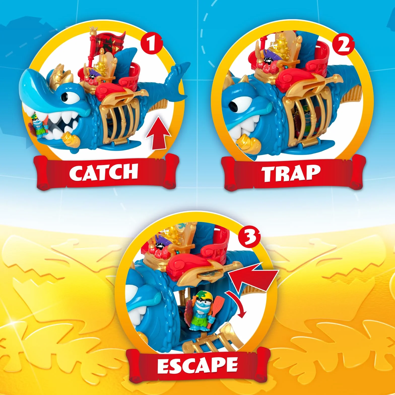 PIRATIX ADVENTURE WORLD King Shark– Przegubowy rekin, z klatką, aby schwytać rywali Piratix. Zawiera 1 rekin, 1 ekskluzywny skarb, 1 ekskluzywny Piratix i 1 akcesorium