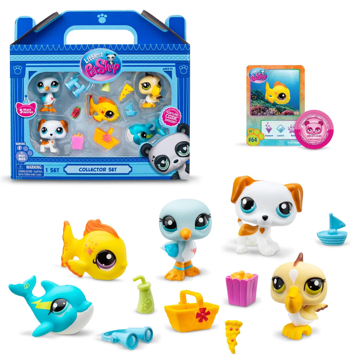 Littlest Pet Shop BANDAI Collectors 5-pak najlepszych zabawek plażowych, zestaw zawiera 5 mini zabawek LPS dla zwierząt domowych, 7 akcesoriów, 1 kartę kolekcjonerską i 1 wirtualny kod, zabawki