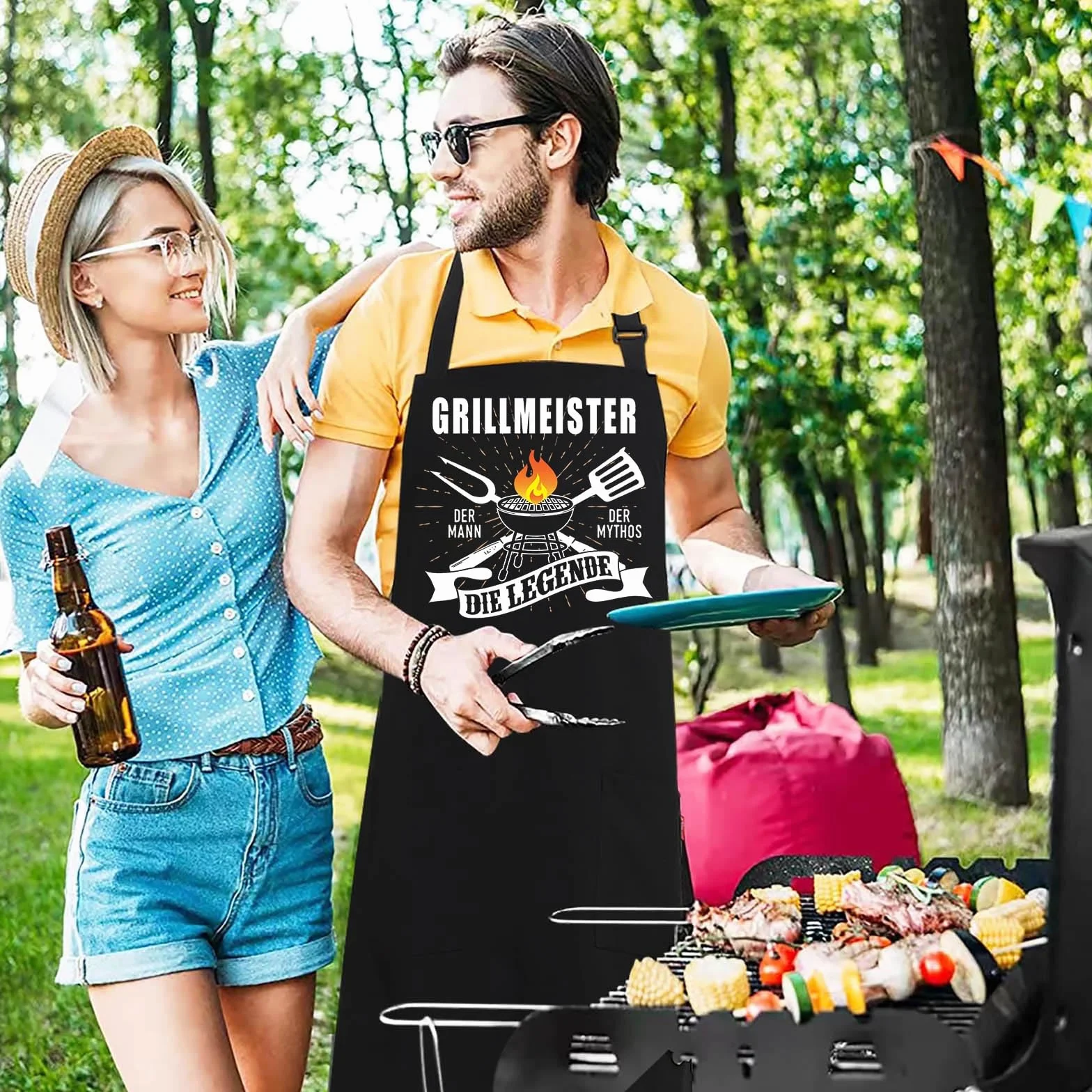 Fartuch grillowy dla mężczyzn BBQ kuchenny zabawny czarny