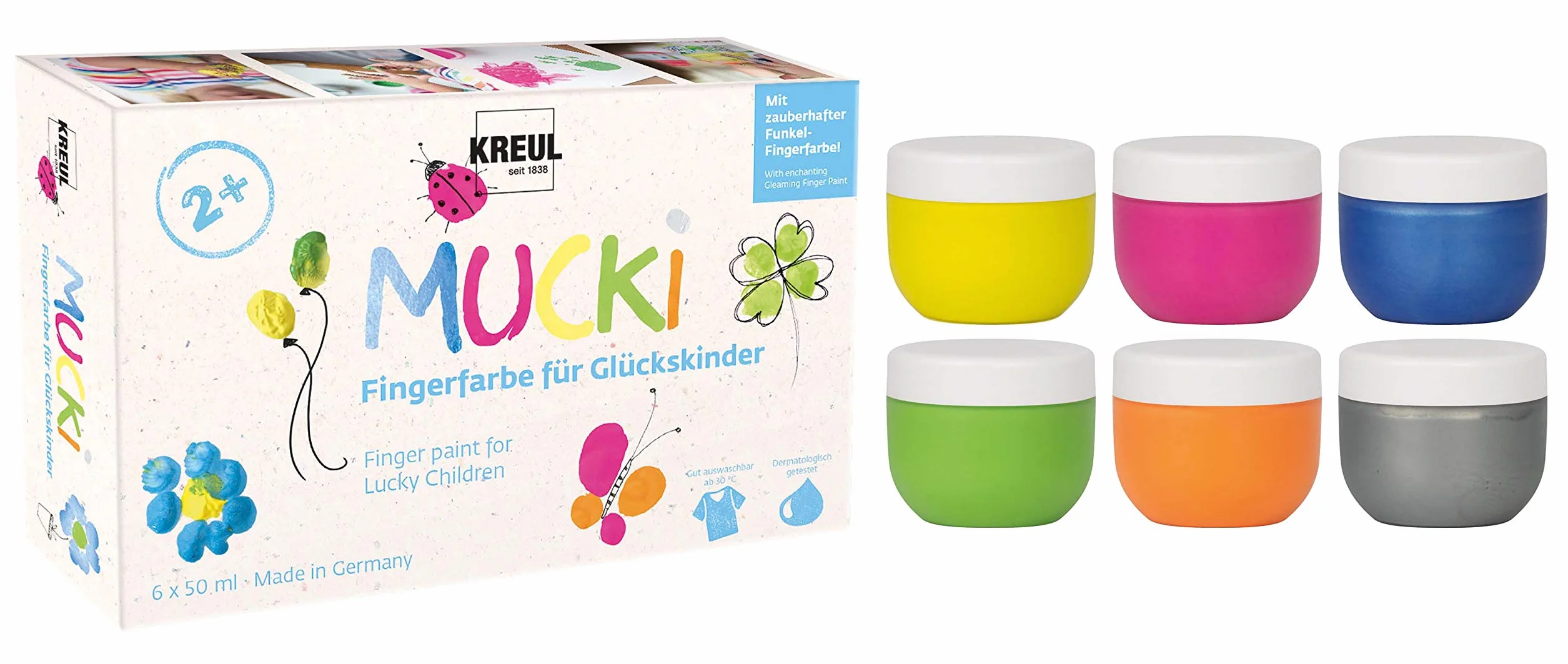 KREUL 23050 - Mucki farby do malowania palcami dla szczęśliwych dzieci, 6 x 50 ml w kolorach: żółty, różowy, błękit diamentowy, zielony, pomarańczowy, smoky silver, bez parabenów, bez glutenu