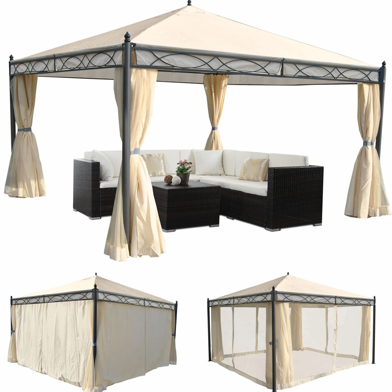 Mendler Pergola Cadiz pawilon ogrodowy 4x4 m kremowa ze ścianą boczną moskitiera