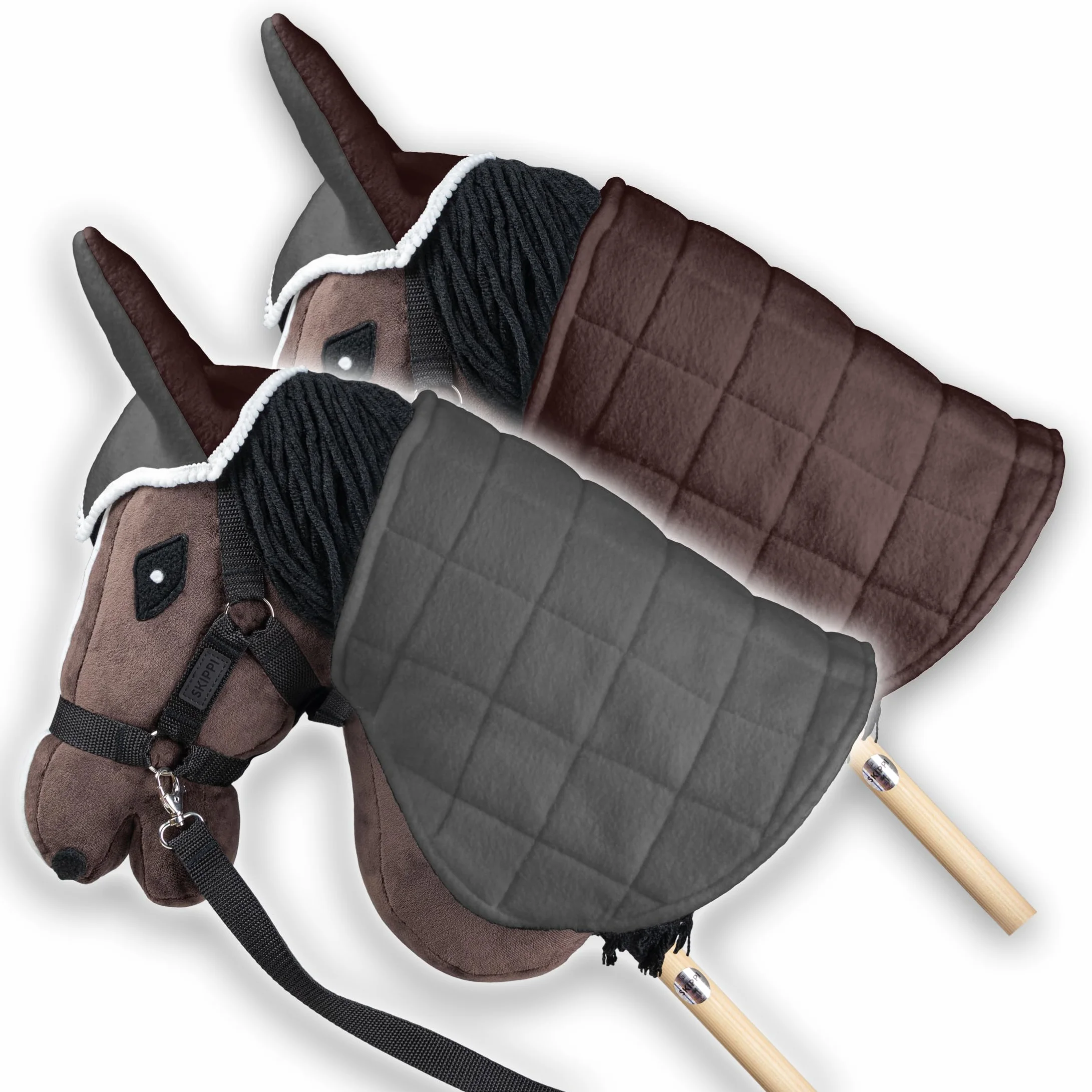 SKIPPI Zestaw Derka i Nauszniki dla Hobby Horse - Szary i Brąz, Dwustronna Derka z Polaru, Akcesoria dla Konia na Kiju, Regulowane Zapięcie na Szyi, dla Większości Koni A3 i A4