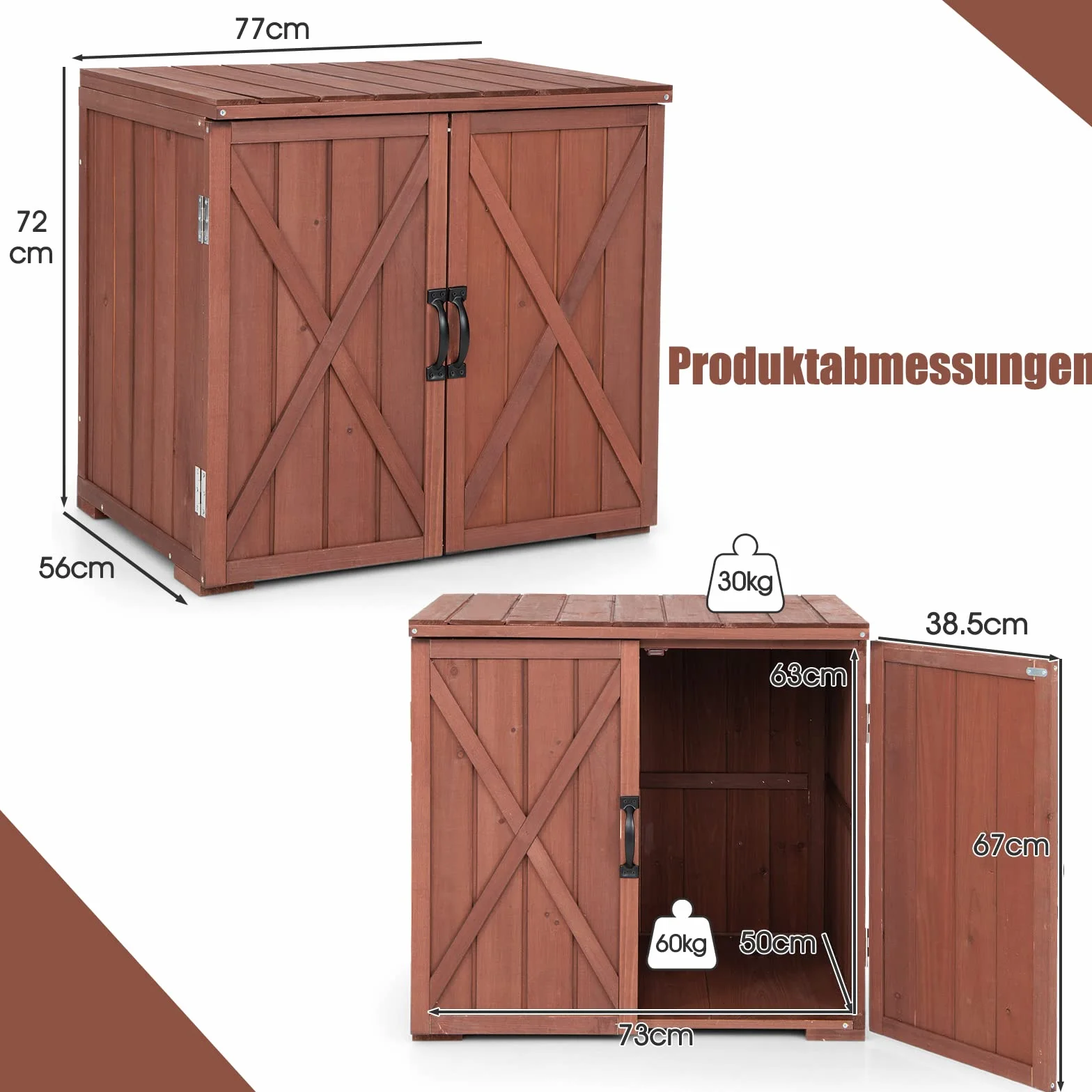 COSTWAY Szafka ogrodowa z drewna 77 x 56 x 72 cm z podwójnymi drzwiami i uchwytami