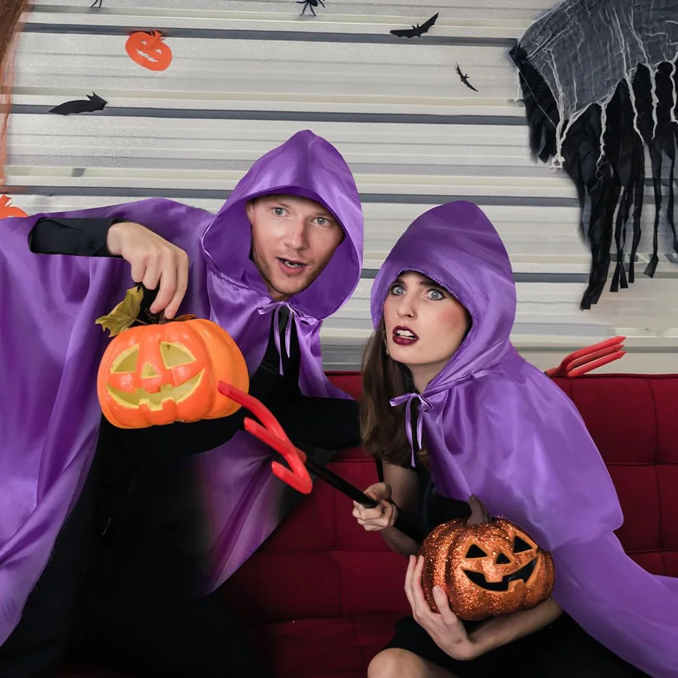 AUYAO Peleryna z kapturem na Halloween, długa peleryna z kapturem, płaszcz z kapturem, Halloween, Boże Narodzenie, fantazyjna peleryna, 2 szt. fantazyjny kostium, maskarada, impreza z rękawiczkami