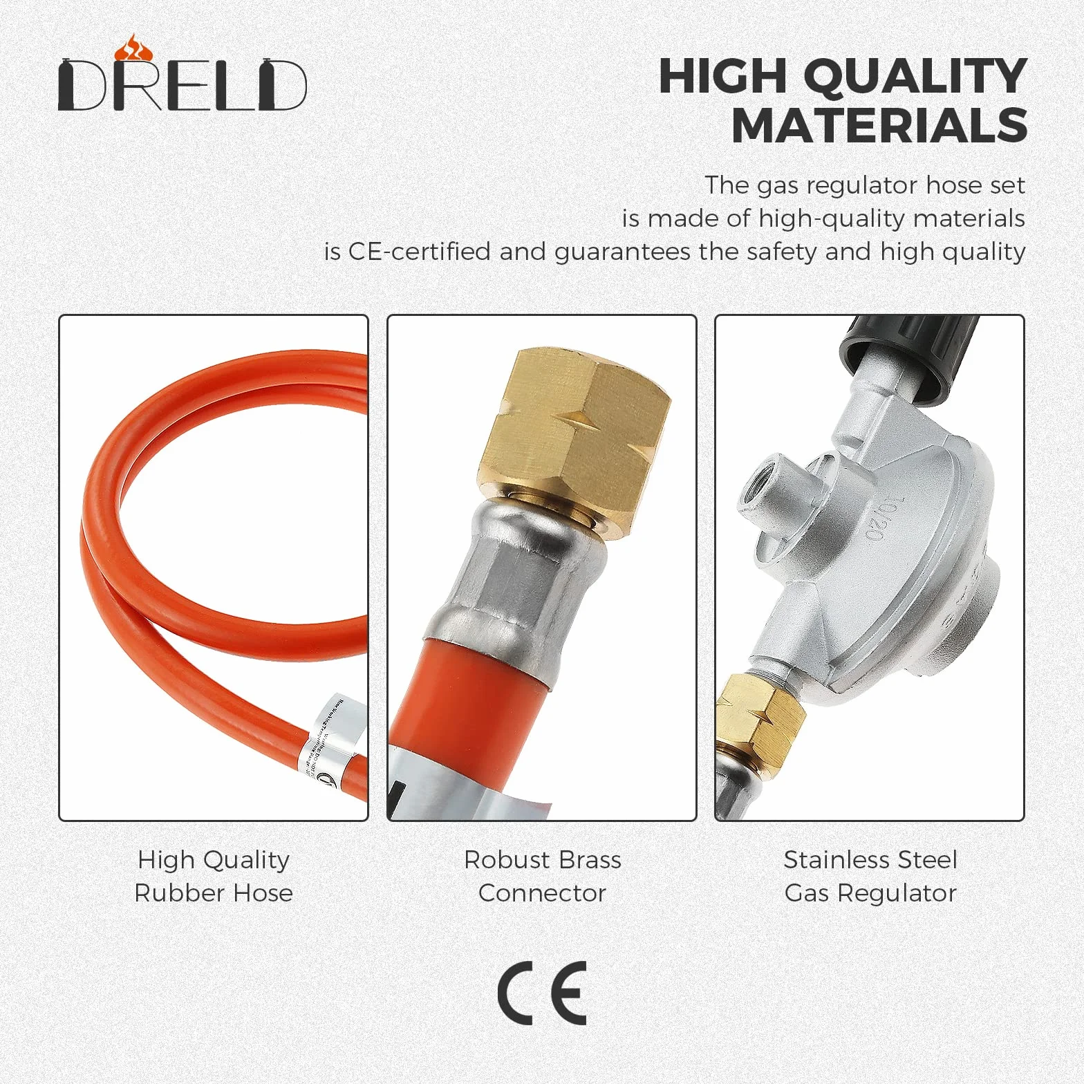 DRELD Regulowany regulator 50 mbar z wężem 80 cm, gwint 1/4" i 7/16" do grilla gazowego