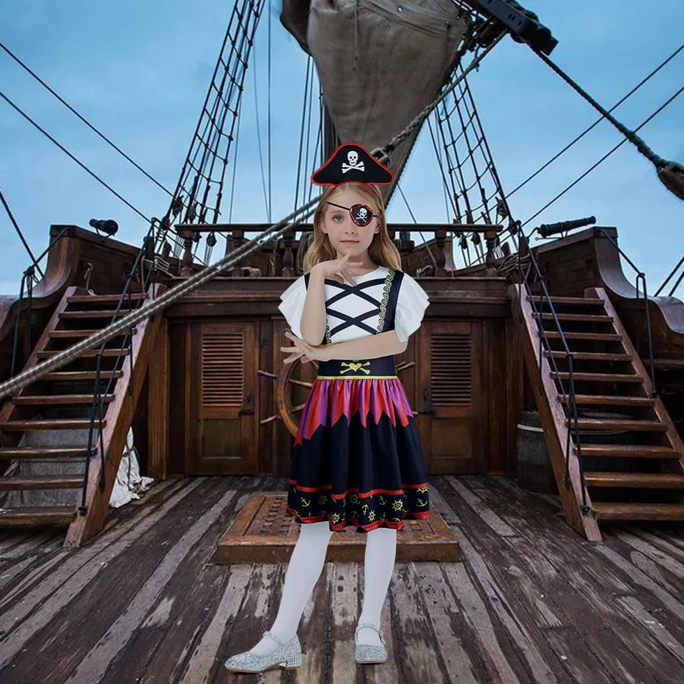 AUYAO Kostium piratów dla dzieci, 7 szt. Zestaw kostiumów piratów z sukienką, kapeluszem i naszywką na oko, zestaw dla dziewczynki Buccaneer, kostium na Halloween dla dziewczynek na karnawał, imprezę