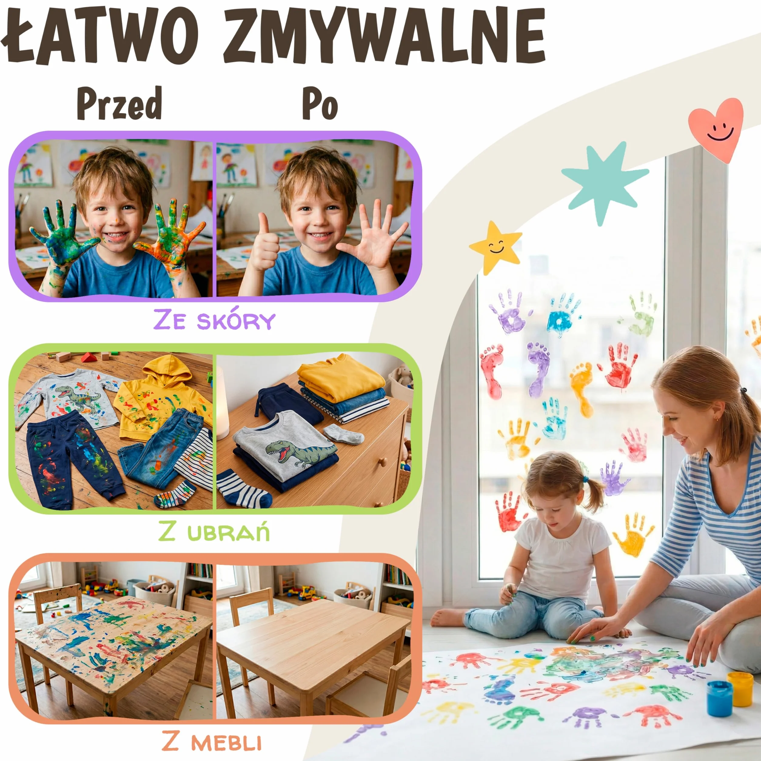 Farby do Malowania Palcami dla Dzieci Nietoksyczne Zmywalne 6x60 ml – Farby dla Dzieci 1, 2, 3 Lata | Odciski Dłoni i Stóp | Zestaw Kreatywny do Malowania