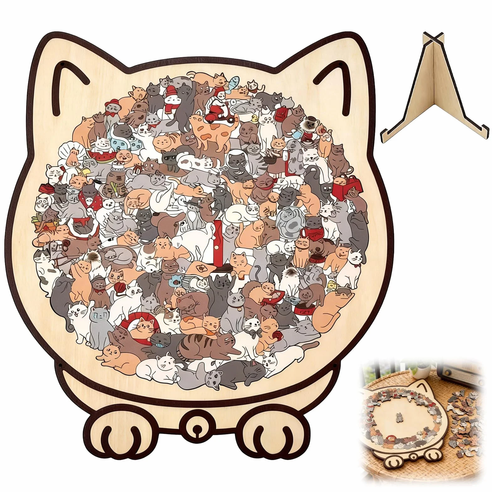 Drewniane puzzle kot 135 elementów kolorowe z ramą w kształcie kota