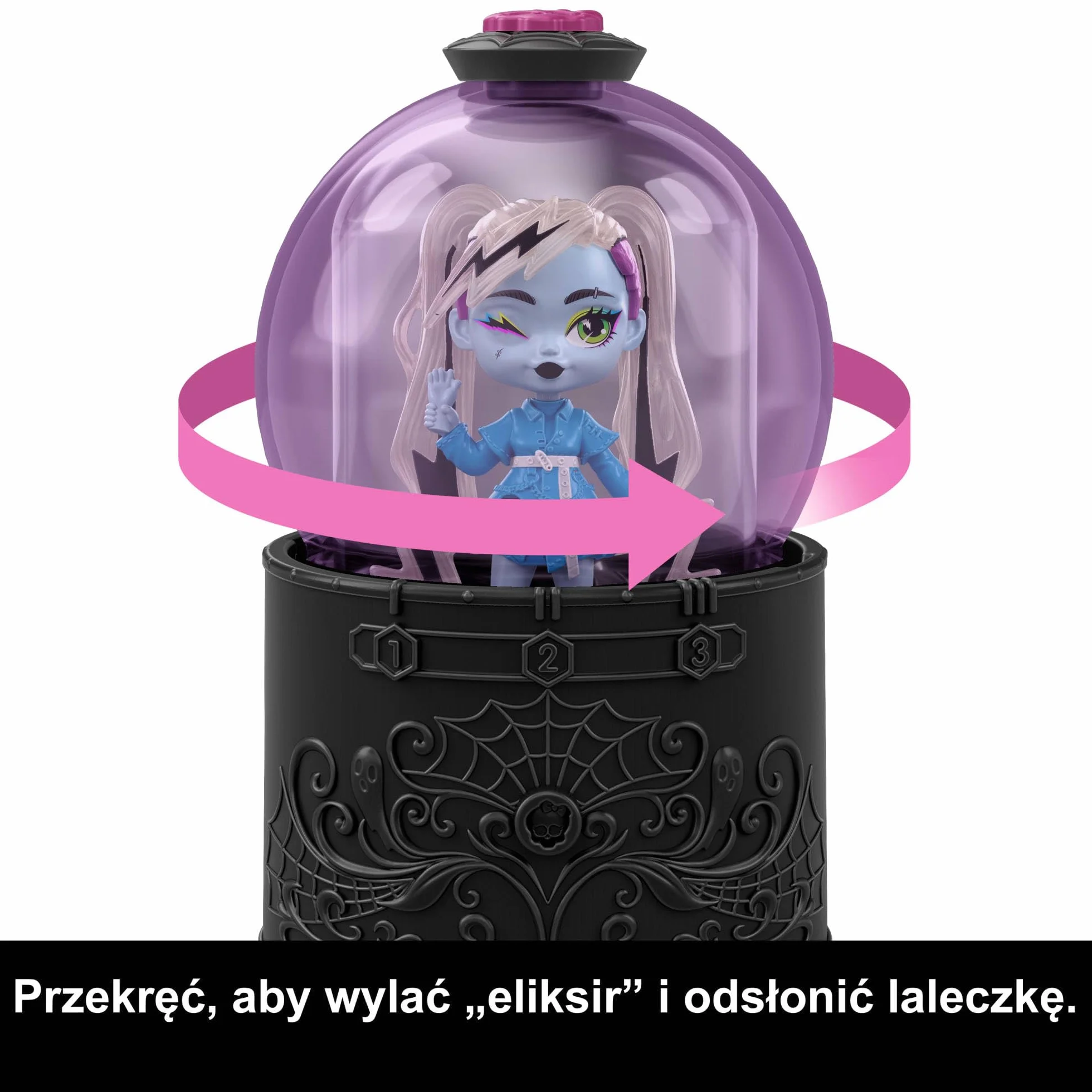 Monster High Eliksiry Seria Kryształowa kula Mini lalka Asortyment małych lalek (ok. 7,5 cm) z funkcją odkrywania ich wyglądu; w zestawie 1 mała lalka, przypinka-amulecik i karta, JCX99