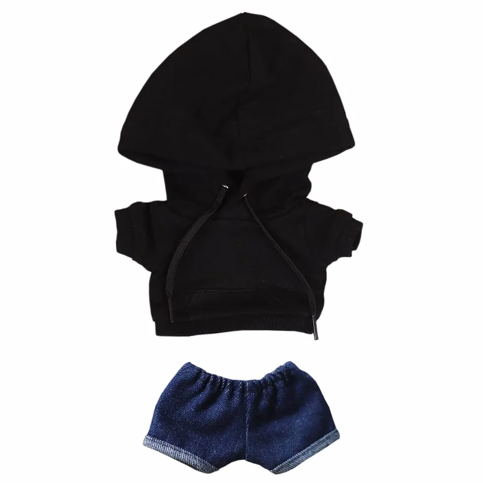niannyyhouse Czarne bluzy z kapturem z kieszenią, ciemnoniebieskie dżinsy, 20 cm, pluszowe humanoidalne wypchane ubrania dla lalek (czarne)
