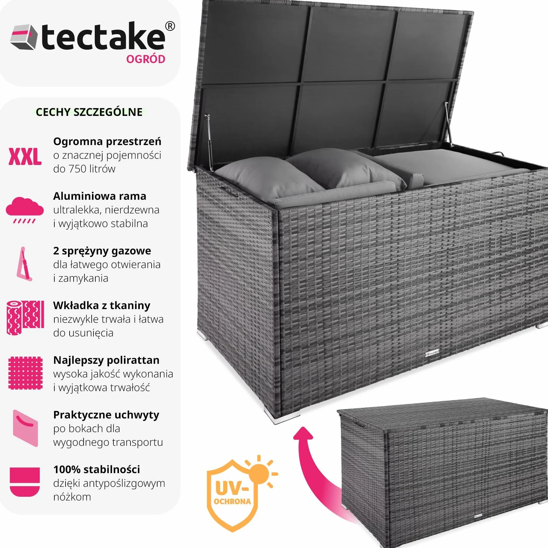 tectake Skrzynia Ogrodowa z Technorattanu 750 litrów 145 x 82,5 x 79,5 cm Szary