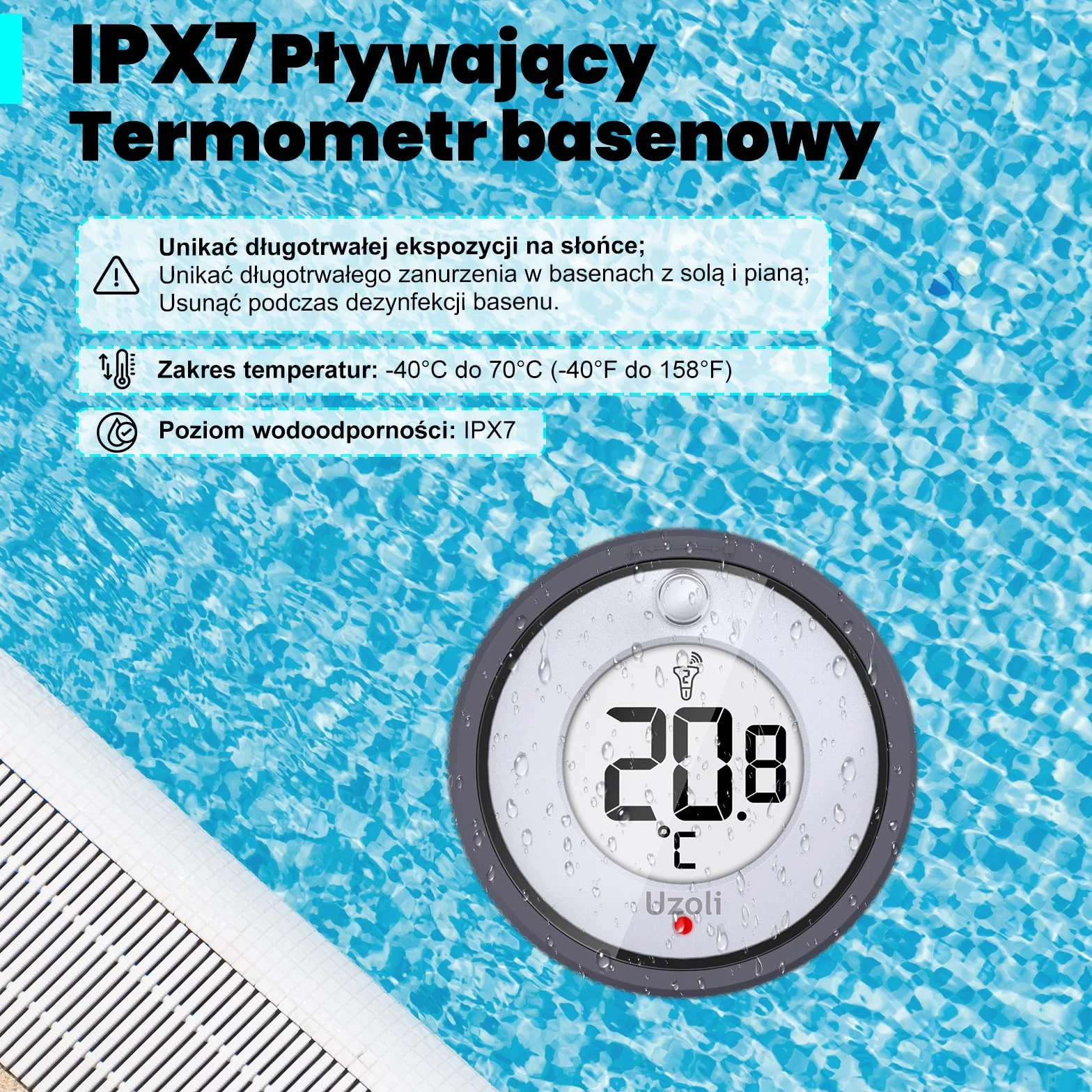 Uzoli EM3385 termometr basenowy z czujnikiem IPX7 LCD temperatura wody wewnętrzna budzik