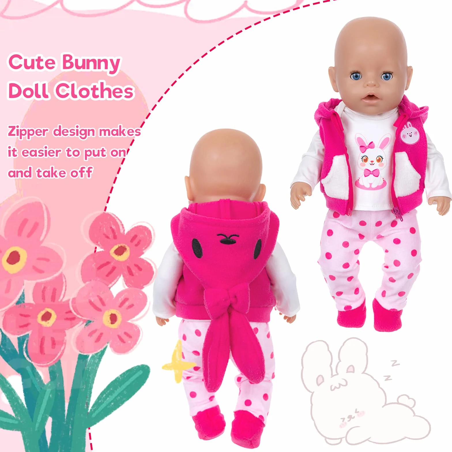Ubrania dla lalek kompatybilne z 35-43 cm New Born Baby Lalki, Rose Królik Baby Odzież z bluzką Kamizelka Spodnie Skarpetki, Akcesoria dla lalek dla niemowląt 14-17 cali