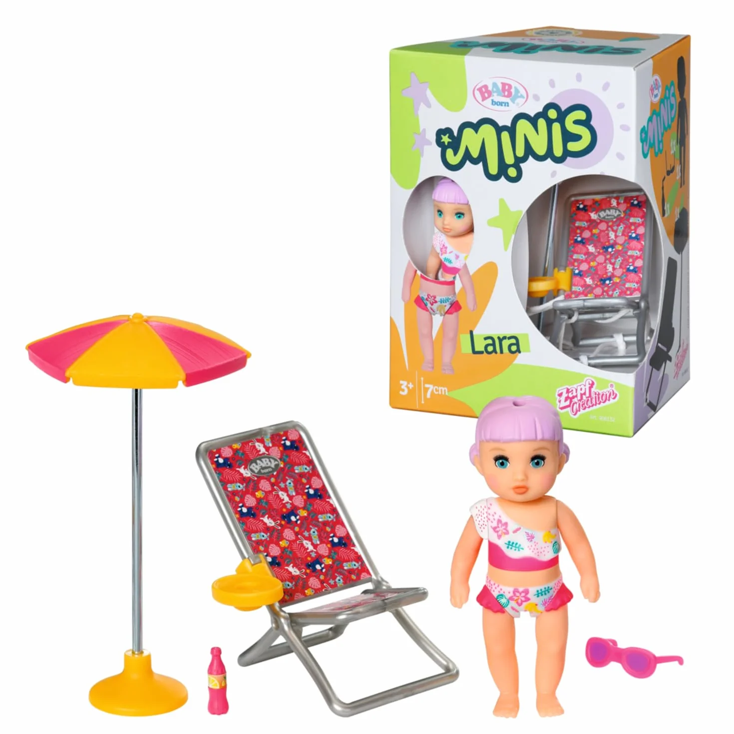 BABY born Minis Zestaw do zabawy na lato z Larą 906132 – lalka 7 cm z ekskluzywnymi akcesoriami i ruchomym korpusem do realistycznej zabawy – dzieci od 3 lat