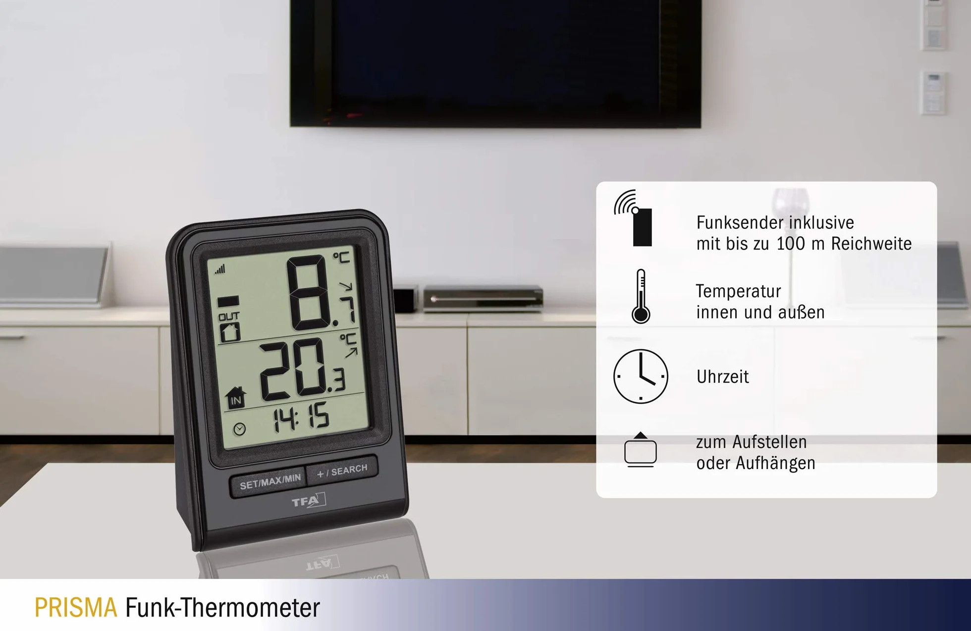 TFA Dostmann Prisma termometr radiowy temperatura zewnętrzna wewnętrzna wartości maksymalne minimalne