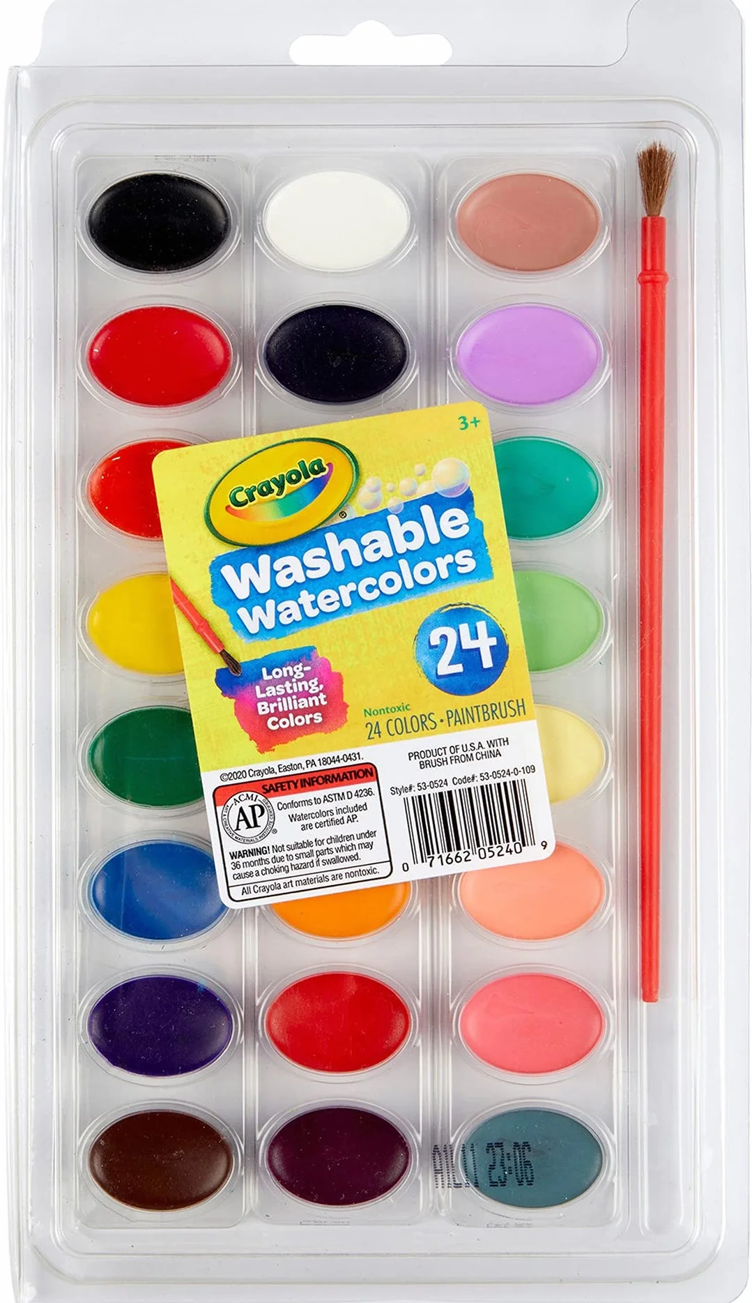CRAYOLA - Zmywalne farby akwarelowe z pędzelkiem dla dzieci, 24 różne odcienie, zestaw do spędzania wolnego czasu, 53-0524