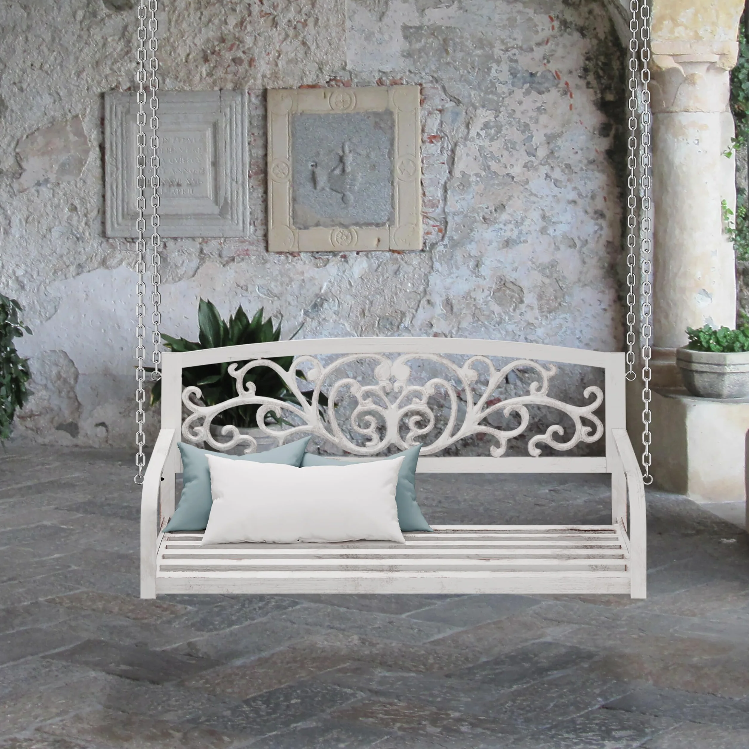 Relaxdays Ławka wisząca 2-osobowa metalowa huśtawka ogrodowa vintage biały/brąz 190x133x55 cm