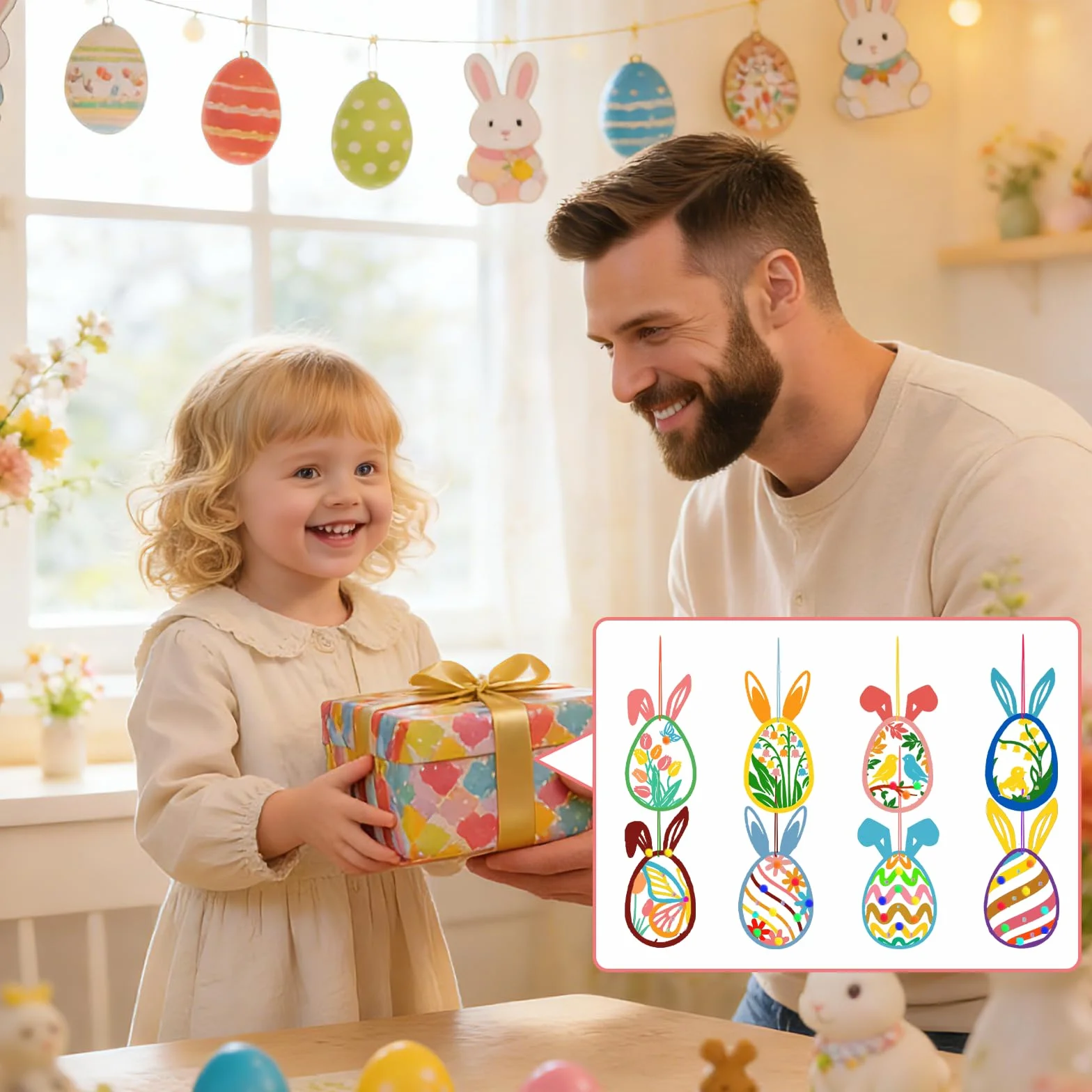 Beafaeur 108 sztuk drewnianych zawieszek do malowania, wielkanocne zestawy do majsterkowania dla dzieci, zawieszki wielkanocne, drewniane, pompony, stras, pisaki akwarelowe, sznurek dekoracyjny