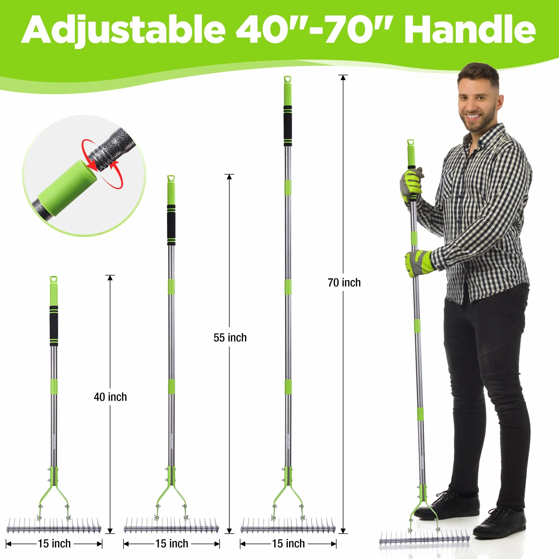 WORKPRO Grabie do liści 38 cm, regulowany uchwyt 102–178 cm, dwustronna głowica