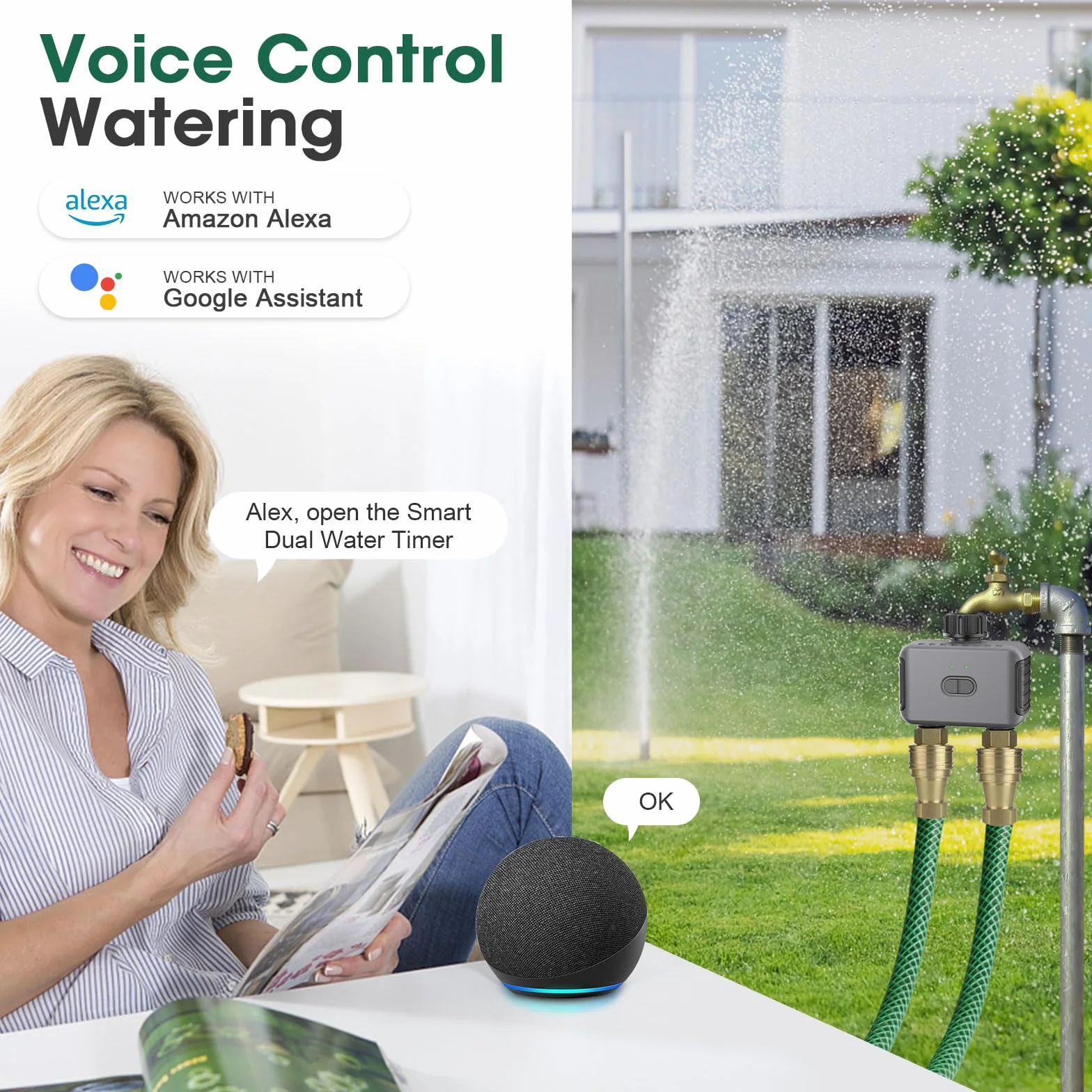 Haozee Inteligentny timer do wody 2-strefowy WiFi automatyczny system nawadniania ogrodu